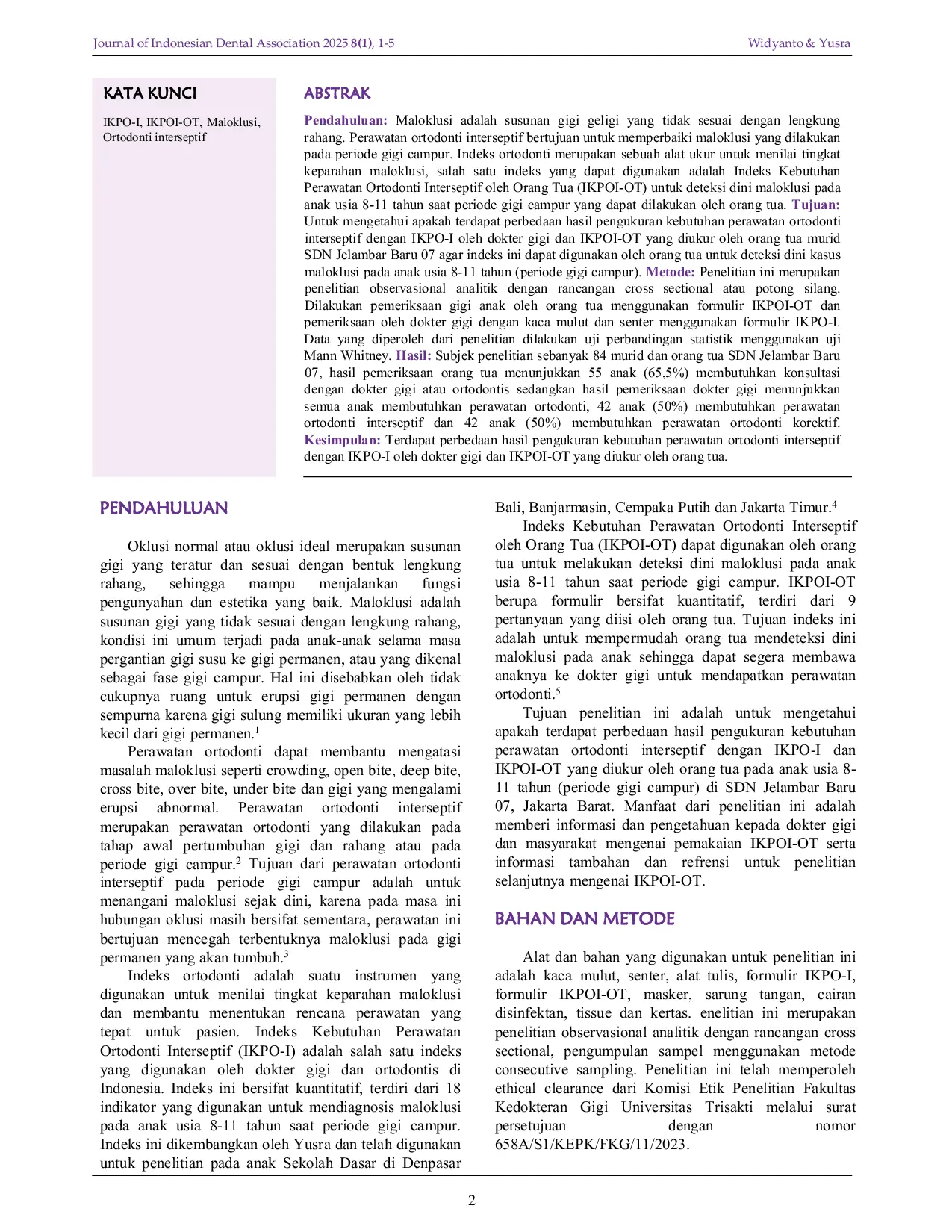 JURIS Comparison of Interceptive Orthodontic Treatment Need by Professionals and Parents