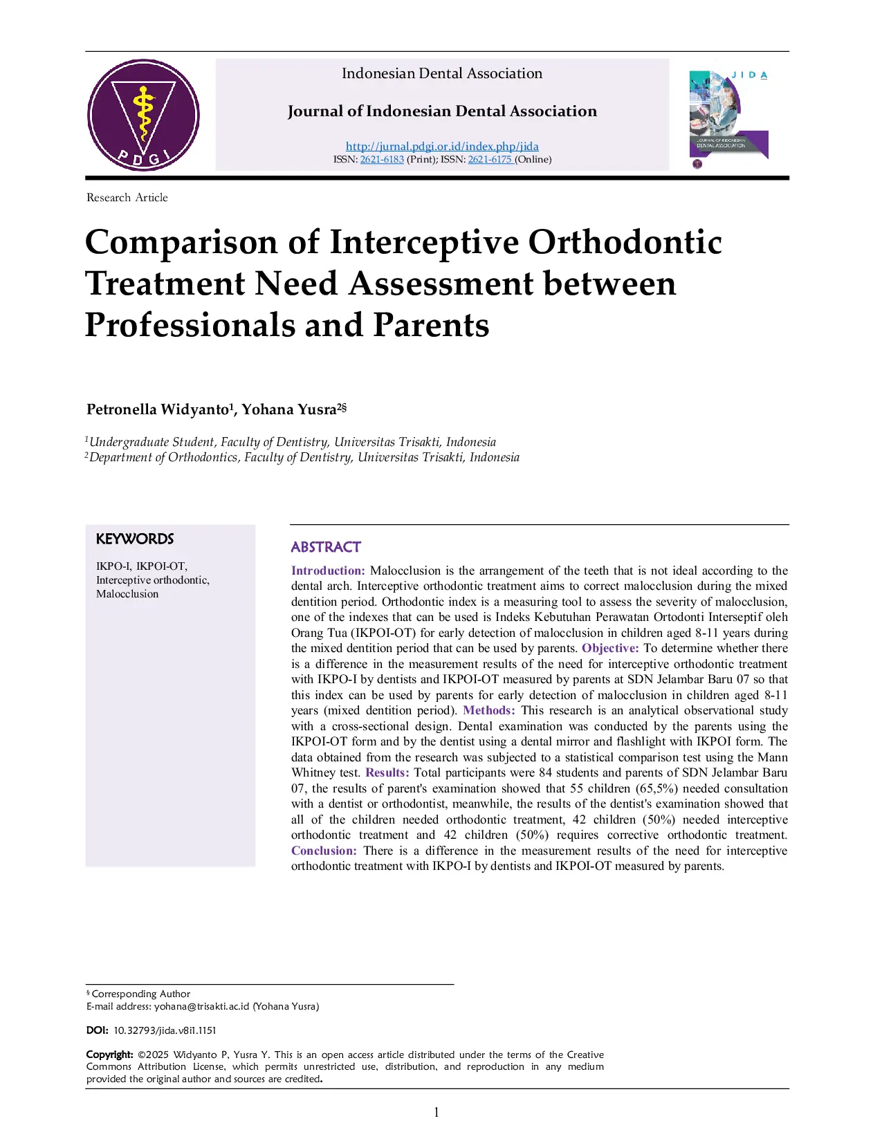 JURIS Comparison of Interceptive Orthodontic Treatment Need by Professionals and Parents