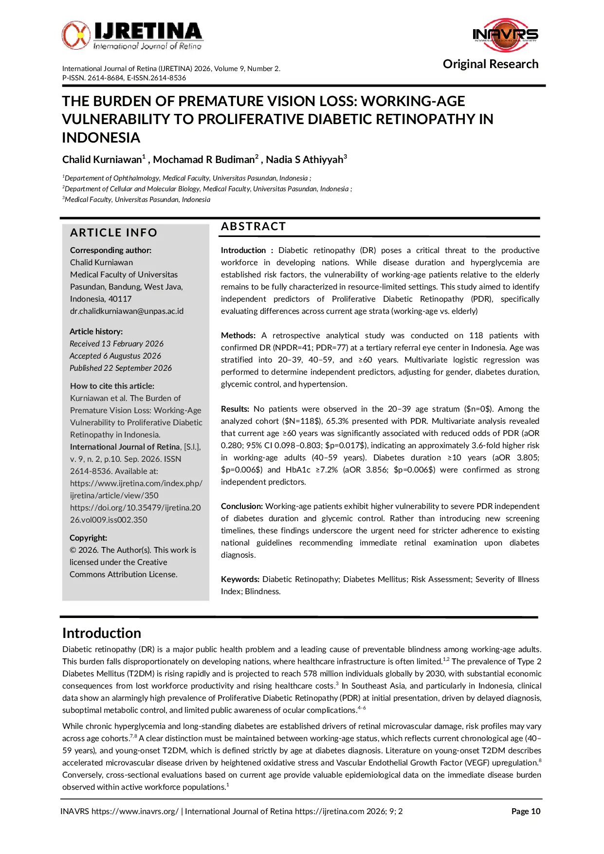 JURIS The Burden of Premature Vision Loss Working Age Vulnerability to Proliferative Diabetic Retinopathy in Indonesia