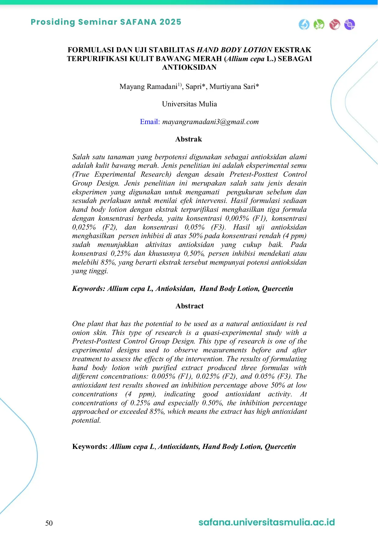 JURIS FORMULASI DAN UJI STABILITAS HAND BODY LOTION EKSTRAK TERPURIFIKASI KULIT BAWANG MERAH Allium cepa L SEBAGAI ANTIOKSIDAN