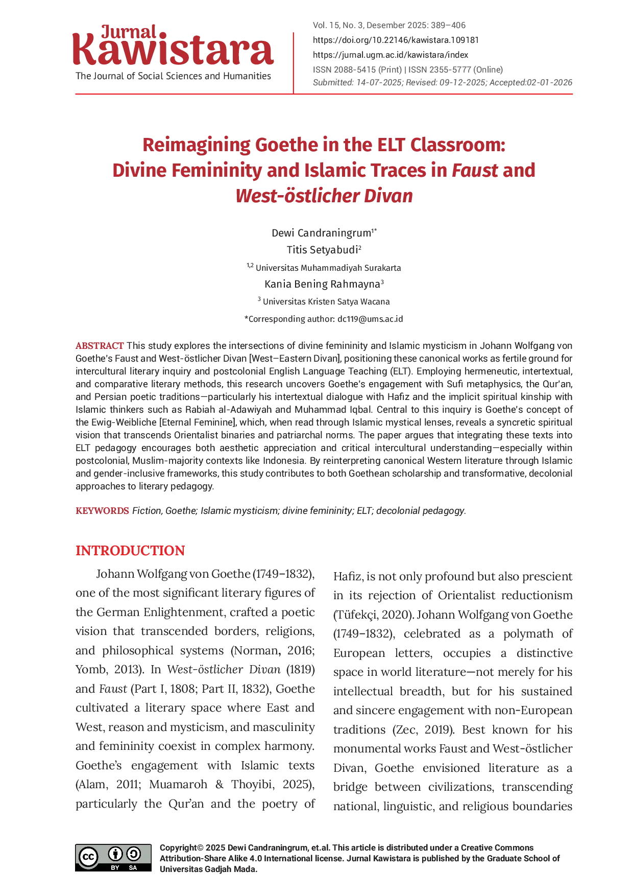 JURIS Reimagining Goethe in the ELT Classroom Divine Femininity and Islamic Traces in Faust and West stlicher Divan