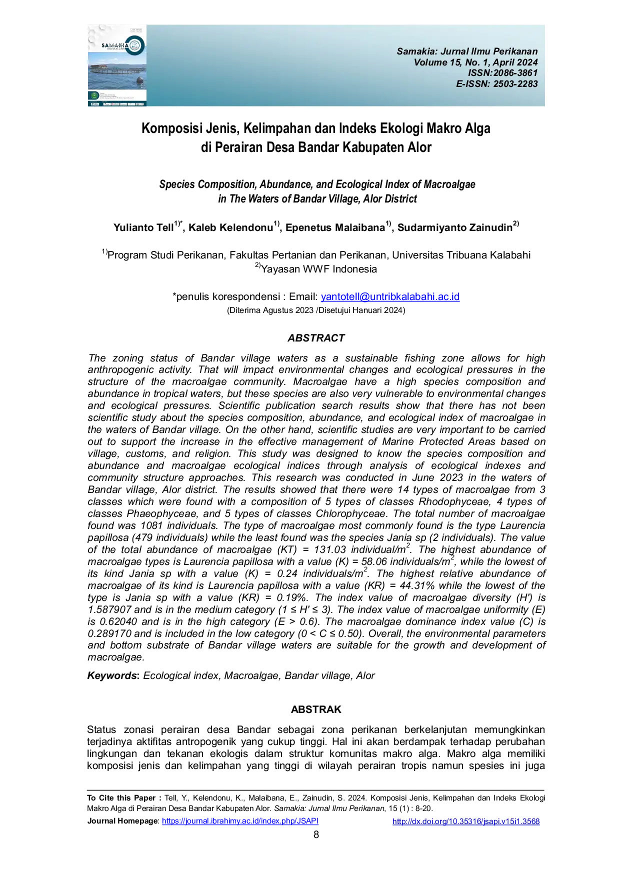 JURIS Komposisi Jenis Kelimpahan Dan Indeks Ekologi Makro Alga Di Perairan Desa Bandar Kabupaten Alor