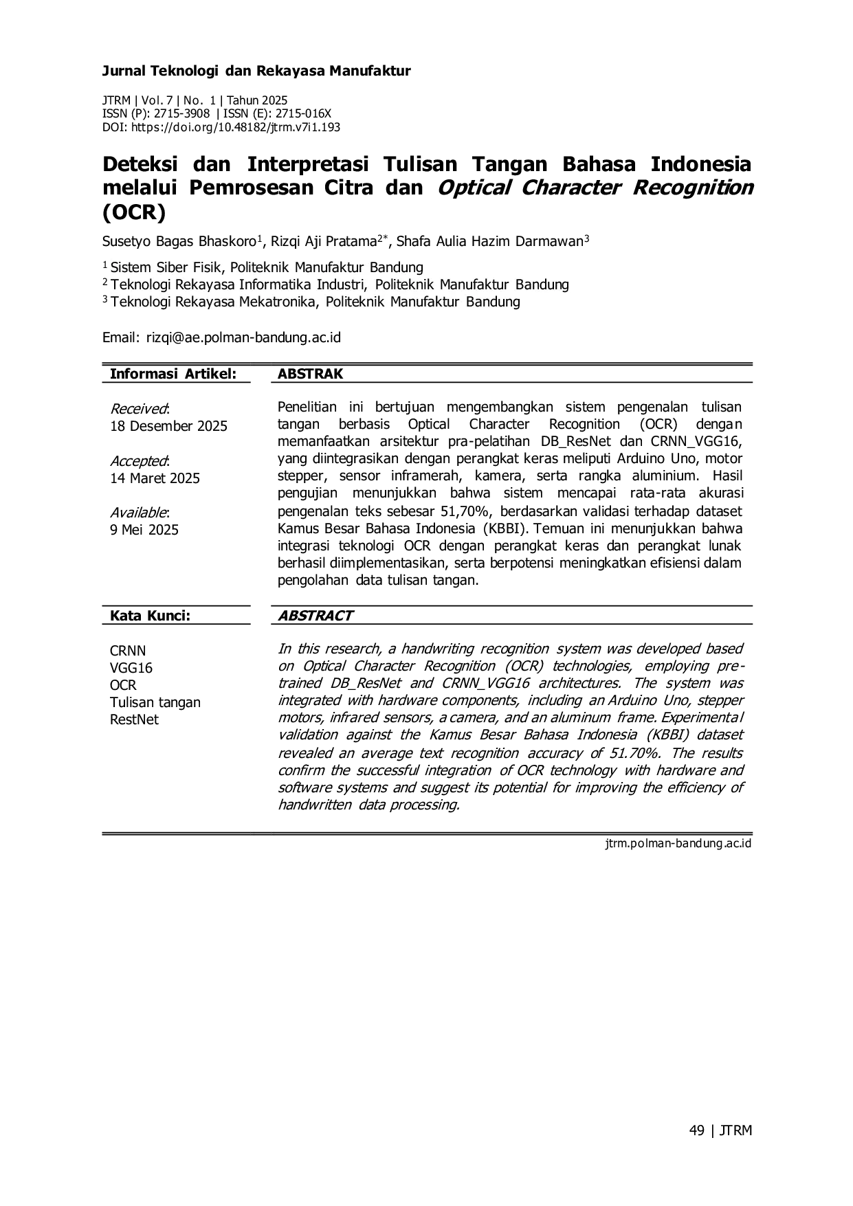 JURIS Deteksi dan Interpretasi Tulisan Tangan Bahasa Indonesia melalui Pemrosesan Citra dan Optical Character Recognition OCR