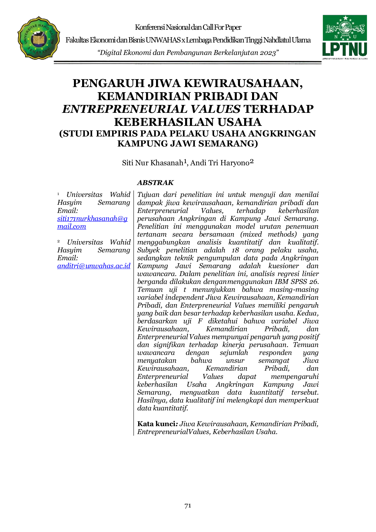 JURIS Pengaruh Jiwa Kewirausahaan Kemandirian Pribadi Dan Entrepreneurial Values Terhadap Keberhasilan Usaha Studi Empiris Pada Pelaku Usaha Angkringan Kampung Jawi Semarang