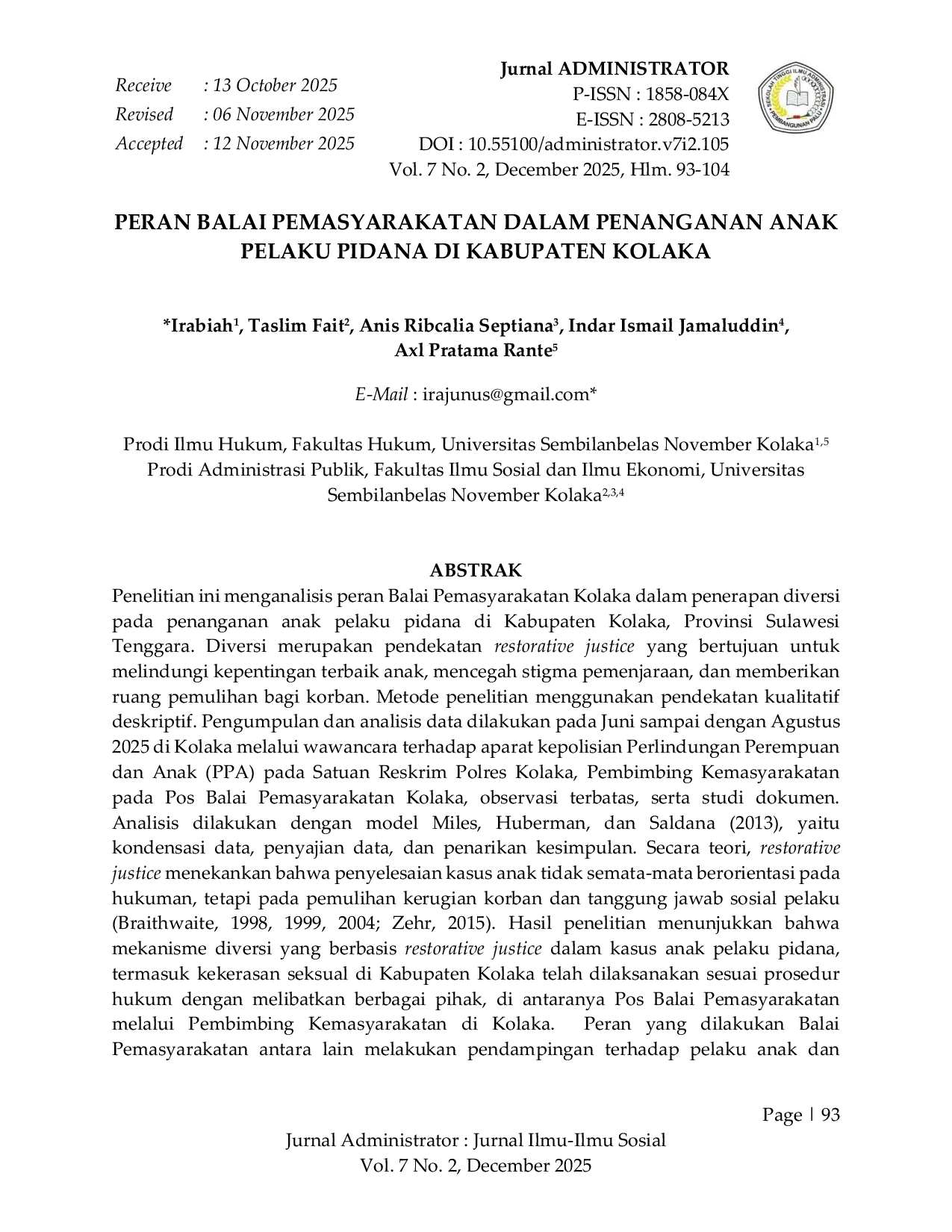 JURIS Peran Balai Pemasyarakatan dalam Penanganan Anak Pelaku Pidana di Kabupaten Kolaka