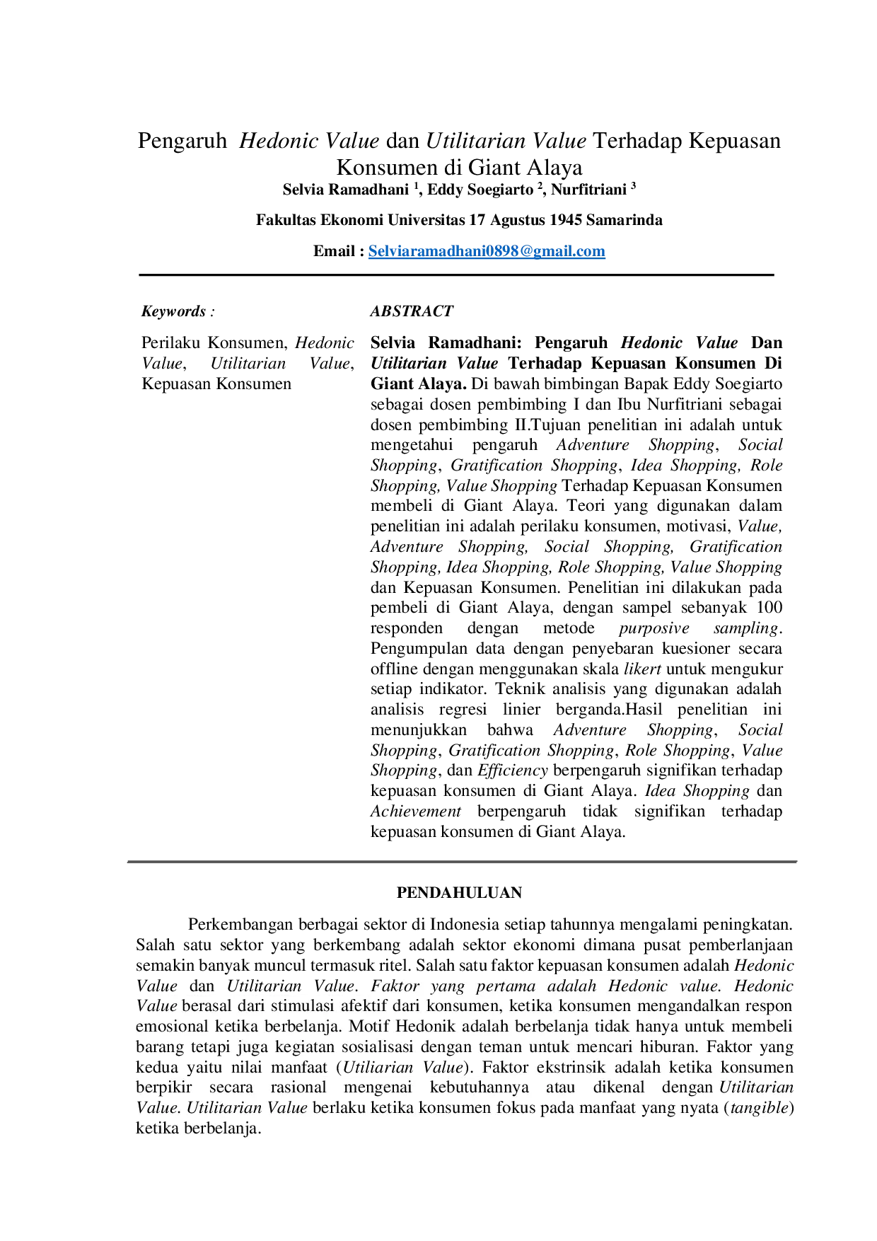 JURIS Pengaruh Hedonic Value dan Utilitarian Value Terhadap Kepuasan Konsumen di Giant Alaya