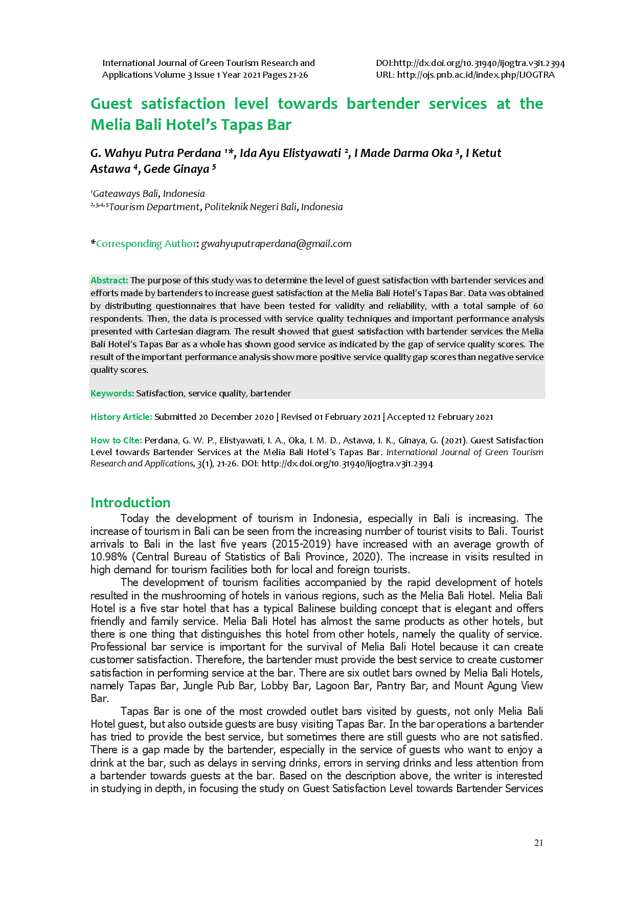juris Guest Satisfaction Level towards Bartender Services at the Melia Bali Hotel s Tapas Bar