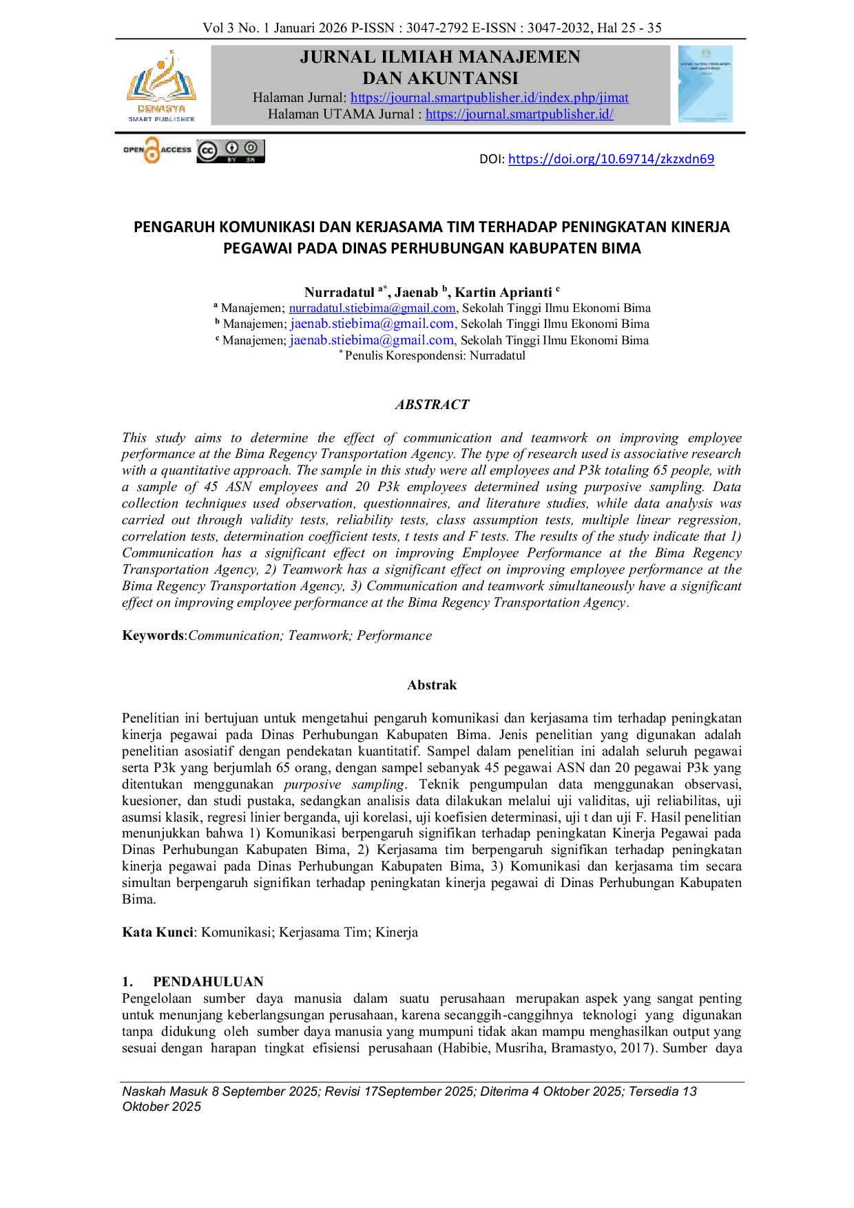 JURIS PENGARUH KOMUNIKASI DAN KERJASAMA TIM TERHADAP PENINGKATAN KINERJA PEGAWAI PADA DINAS PERHUBUNGAN KABUPATEN BIMA