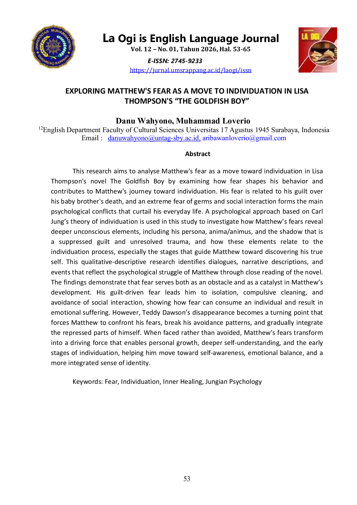 JURIS Exploring Matthew s Fear as a Move to Individuation in Lisa Thompson s The Goldfish Boy