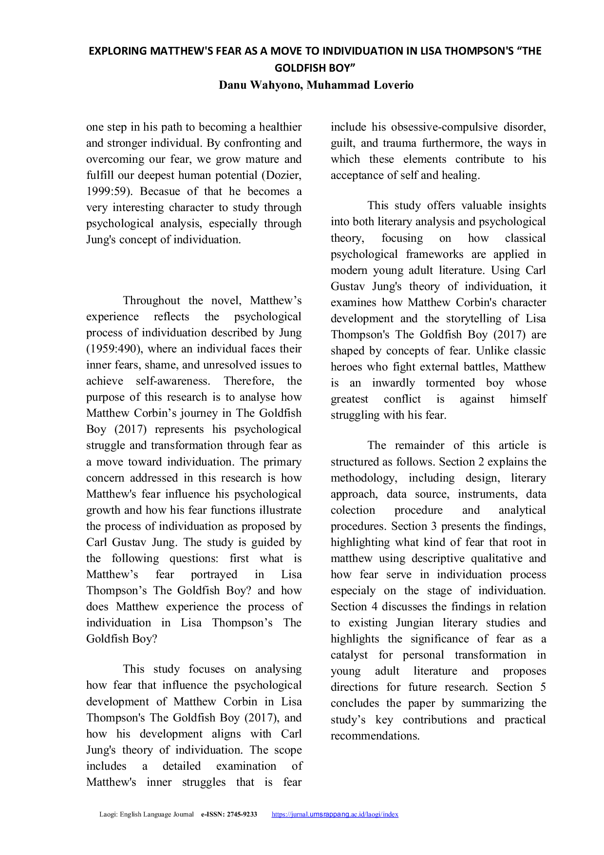 JURIS Exploring Matthew s Fear as a Move to Individuation in Lisa Thompson s The Goldfish Boy