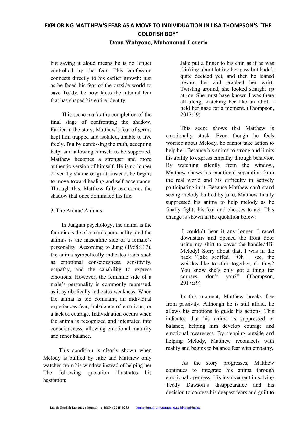 JURIS Exploring Matthew s Fear as a Move to Individuation in Lisa Thompson s The Goldfish Boy