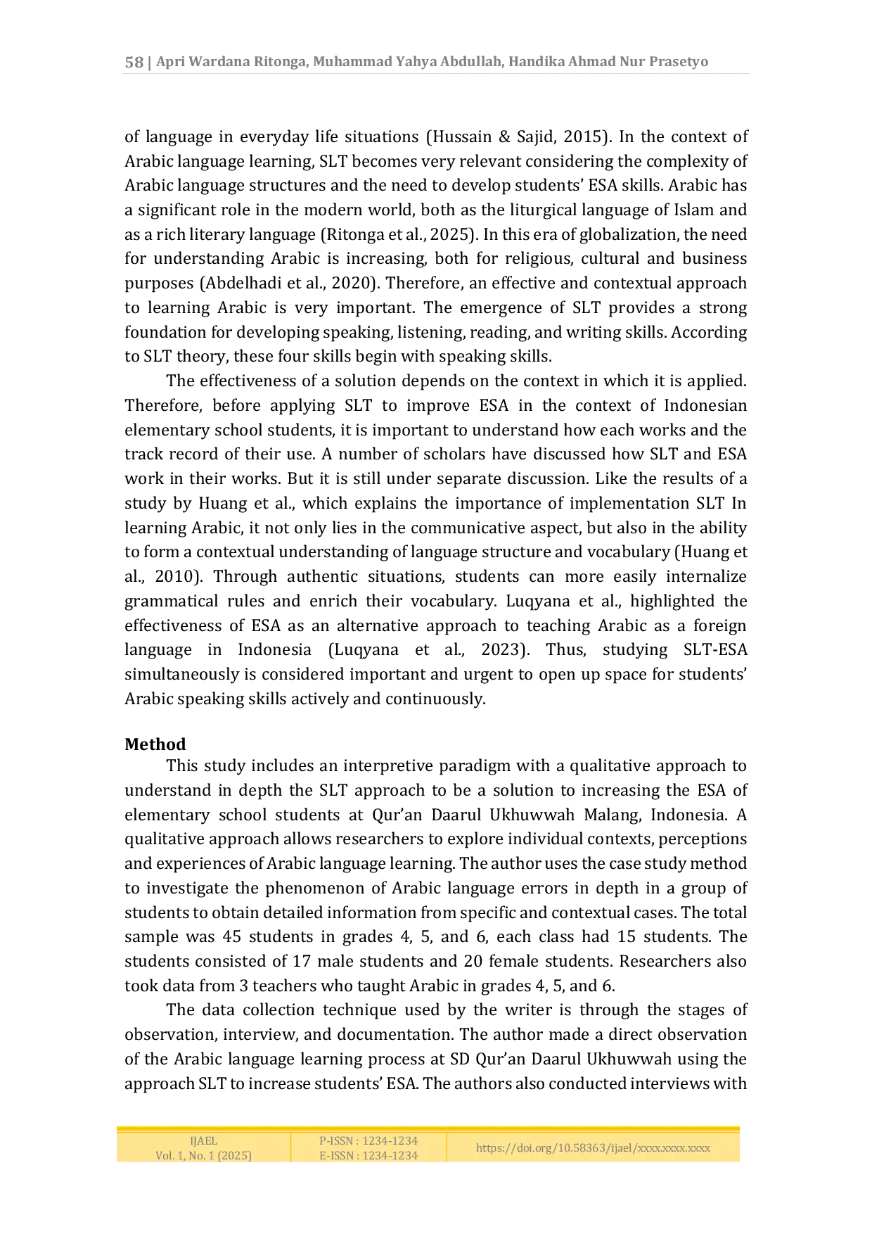JURIS The Role of Arabic Situational Teaching for Spoken Arabic Proficiency Case Study of Elementary School Students in Malang