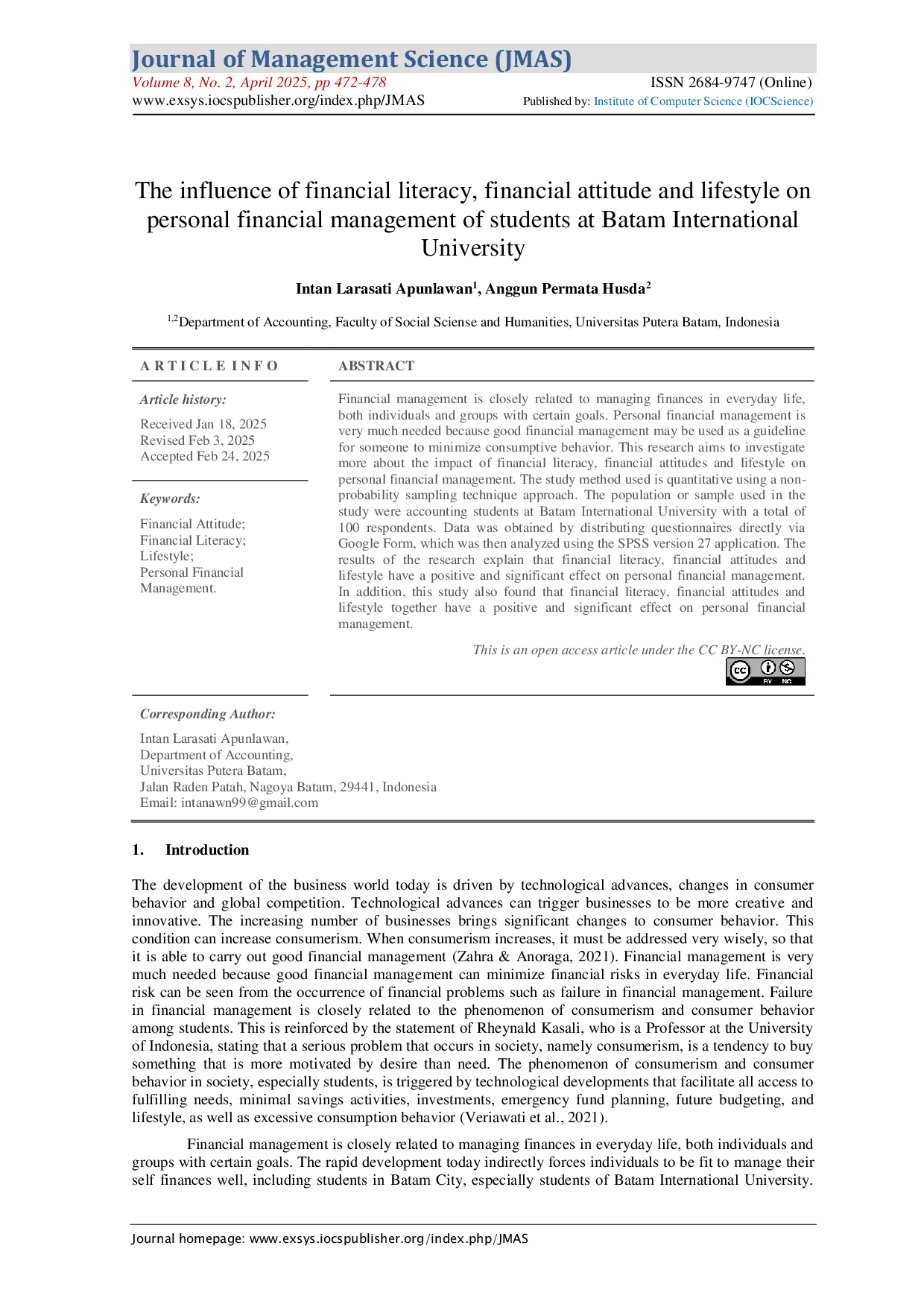 JURIS The influence of financial literacy financial attitude and lifestyle on personal financial management of students at Batam International University