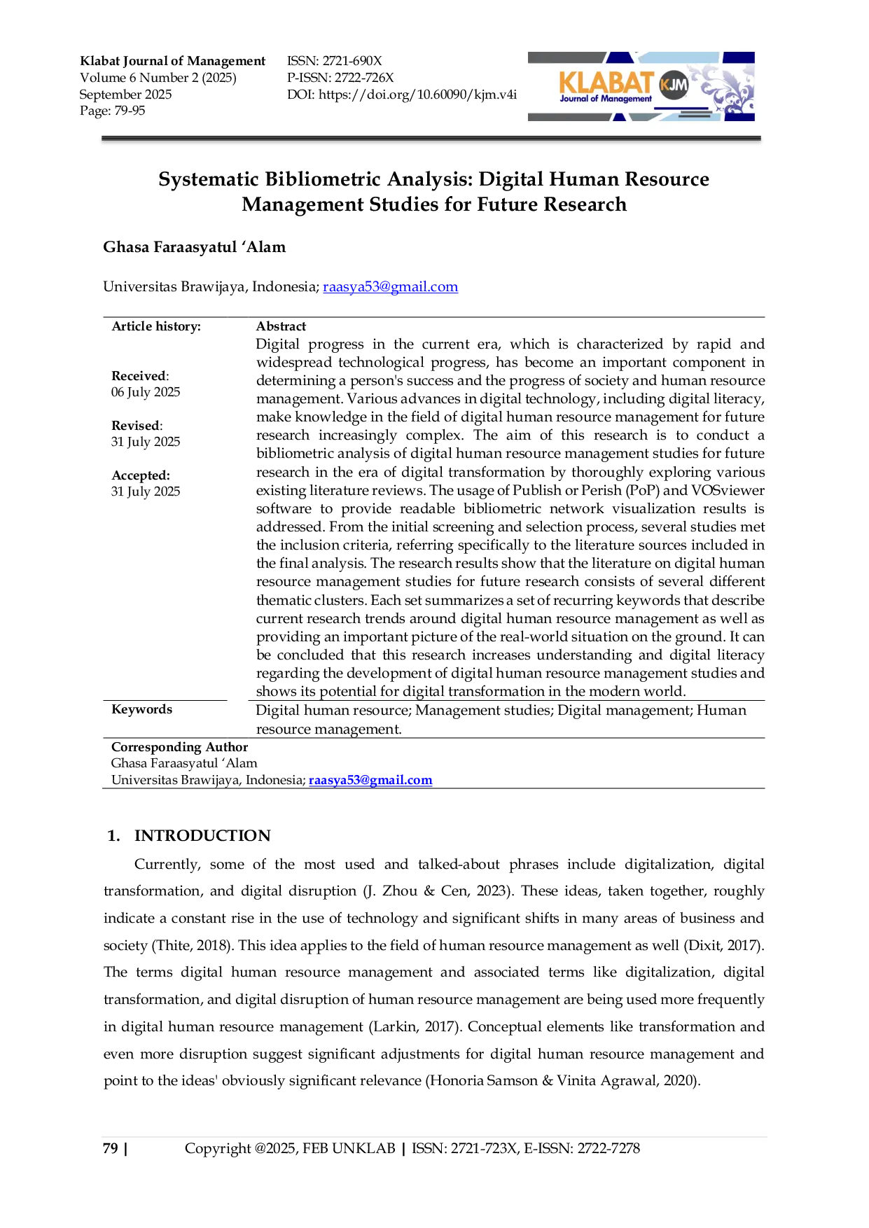 JURIS Systematic Bibliometric Analysis Digital Human Resource Management Studies for Future Research