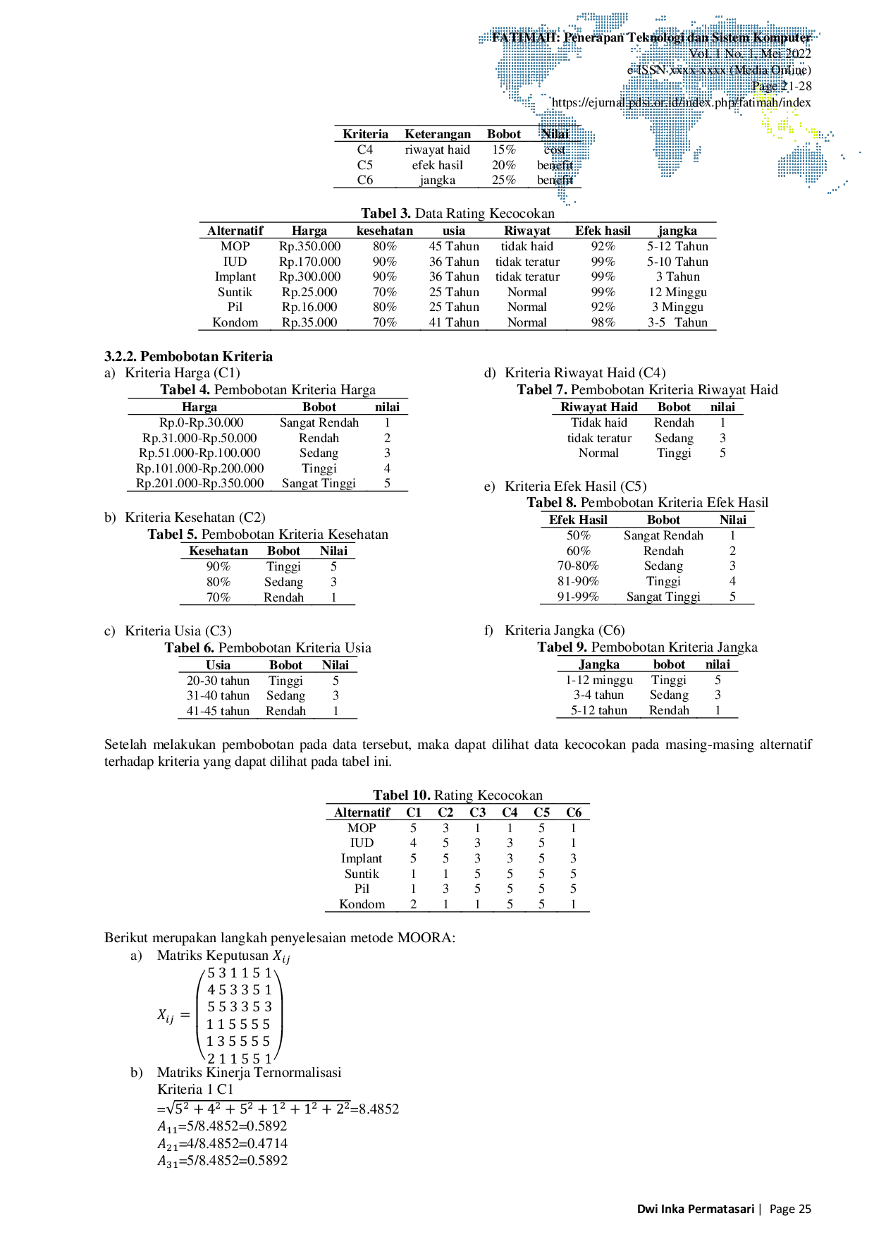 JURIS Analisa Sistem Pendukung Keputusan Dalam Pemilihan Alat Kontrasepsi Pada Pasangan Usia Subur Dengan Metode MOORA