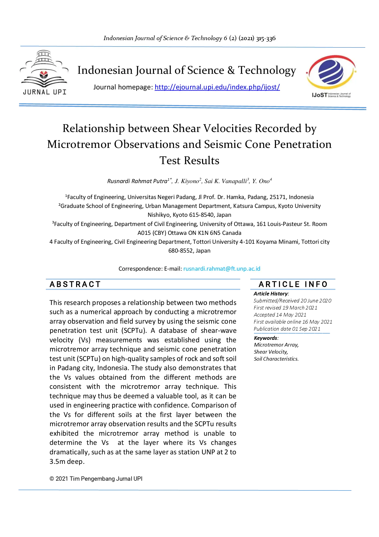 juris Relationship between Shear Velocities Recorded by Microtremor Observations and Seismic Cone Penetration Test Results