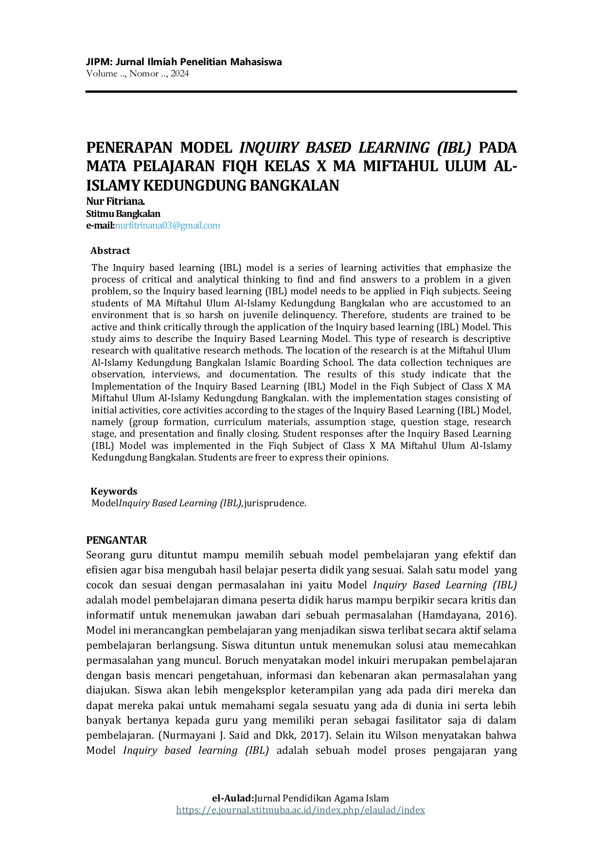 JURIS Penerapan Model Inquiry Based Learning IBL Pada Mata Pelajaran Fiqh Kelas X Ma Miftahul Ulum Al Islamy Kedungdung Bangkalan