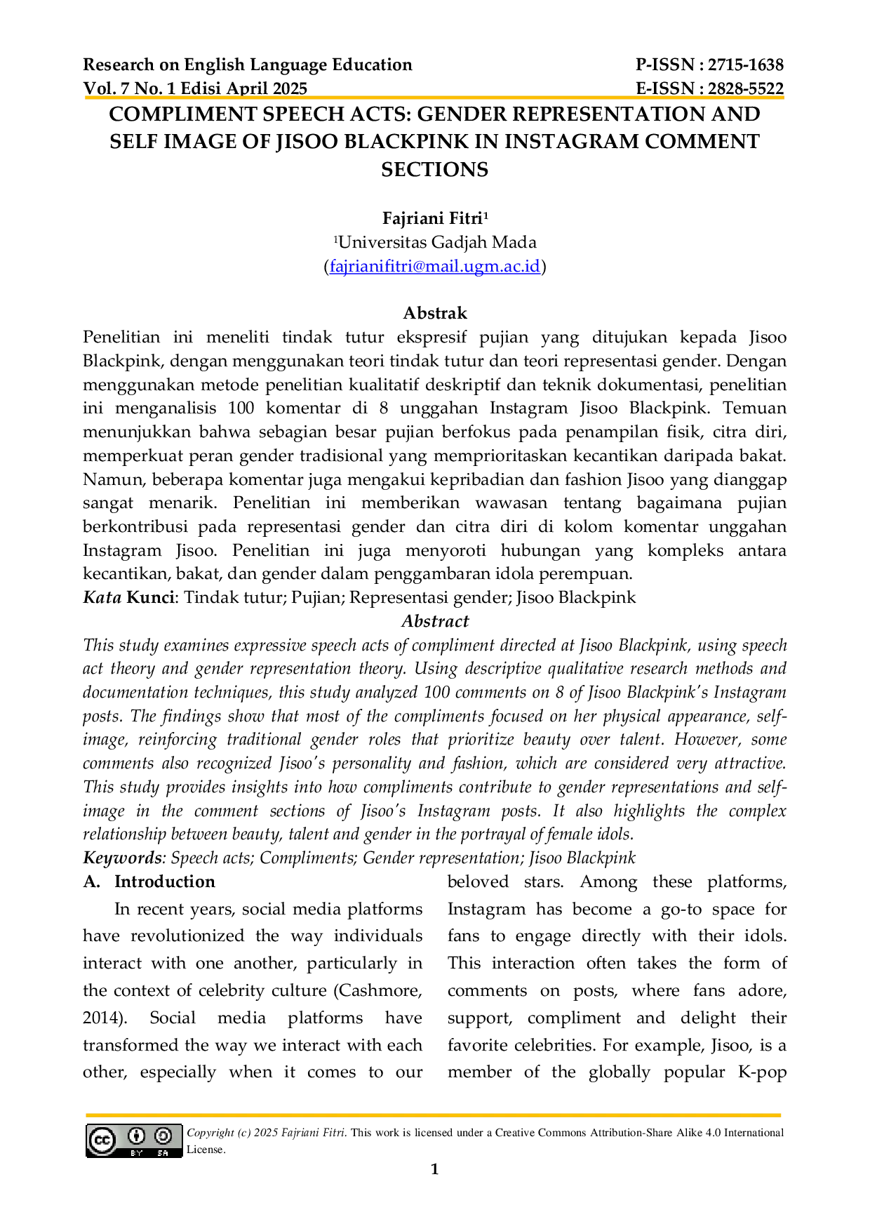 JURIS Compliment Speech Acts Gender Representation And Self Image Of Jisoo Blackpink In Instagram Comment Sections