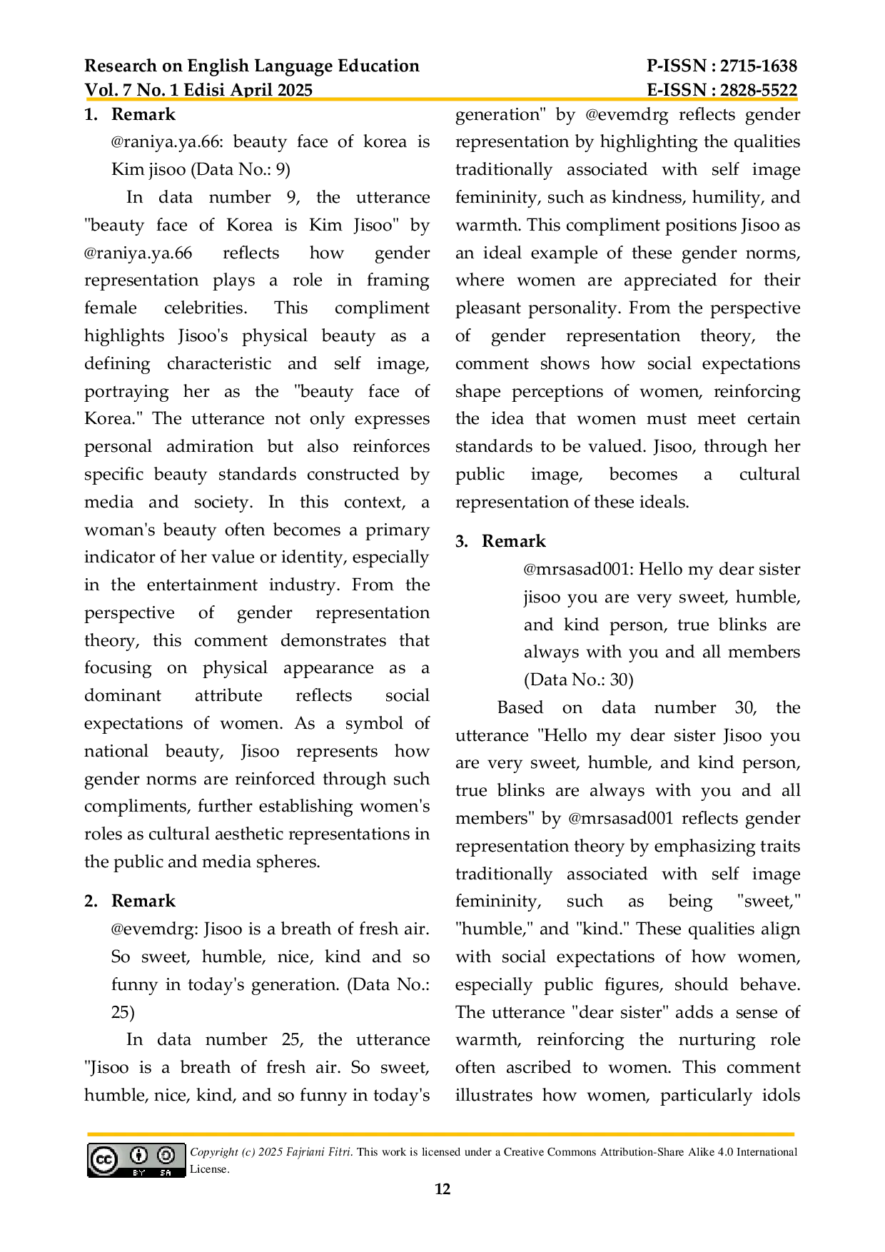 JURIS Compliment Speech Acts Gender Representation And Self Image Of Jisoo Blackpink In Instagram Comment Sections