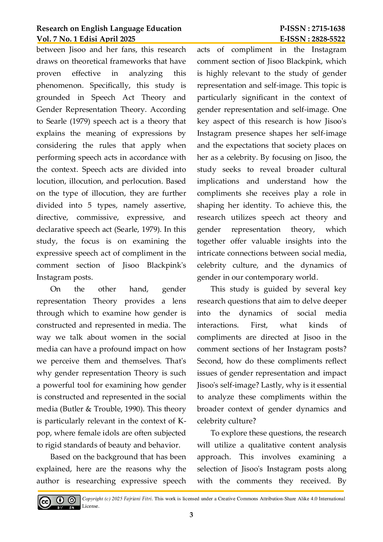 JURIS Compliment Speech Acts Gender Representation And Self Image Of Jisoo Blackpink In Instagram Comment Sections