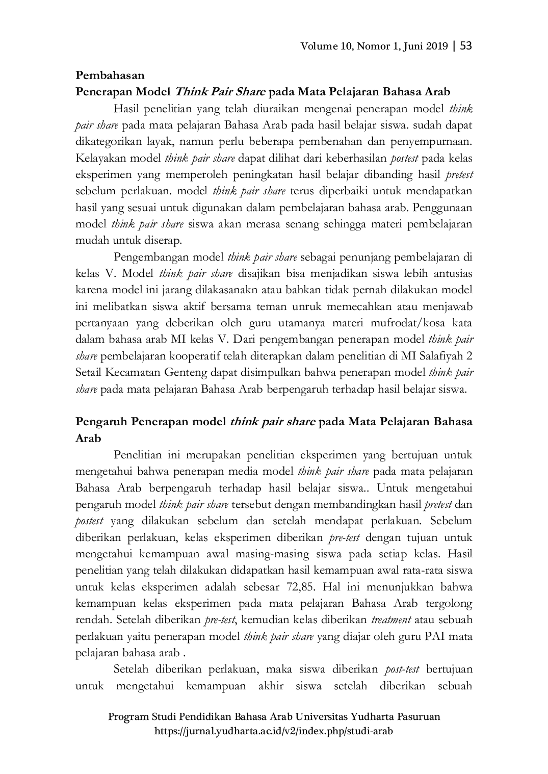 JURIS Efektivitas Penerapan Model Pembelajaran Kooperatif Tipe Think Pair Share Untuk Meningkatkan Hasil Belajar Bahasa Arab Siswa Madrasah Ibtidaiyyah