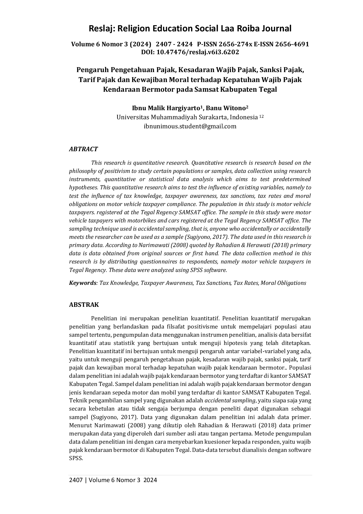 JURIS Pengaruh Pengetahuan Pajak Kesadaran Wajib Pajak Sanksi Pajak Tarif Pajak dan Kewajiban Moral terhadap Kepatuhan Wajib Pajak Kendaraan Bermotor pada Samsat Kabupaten Tegal