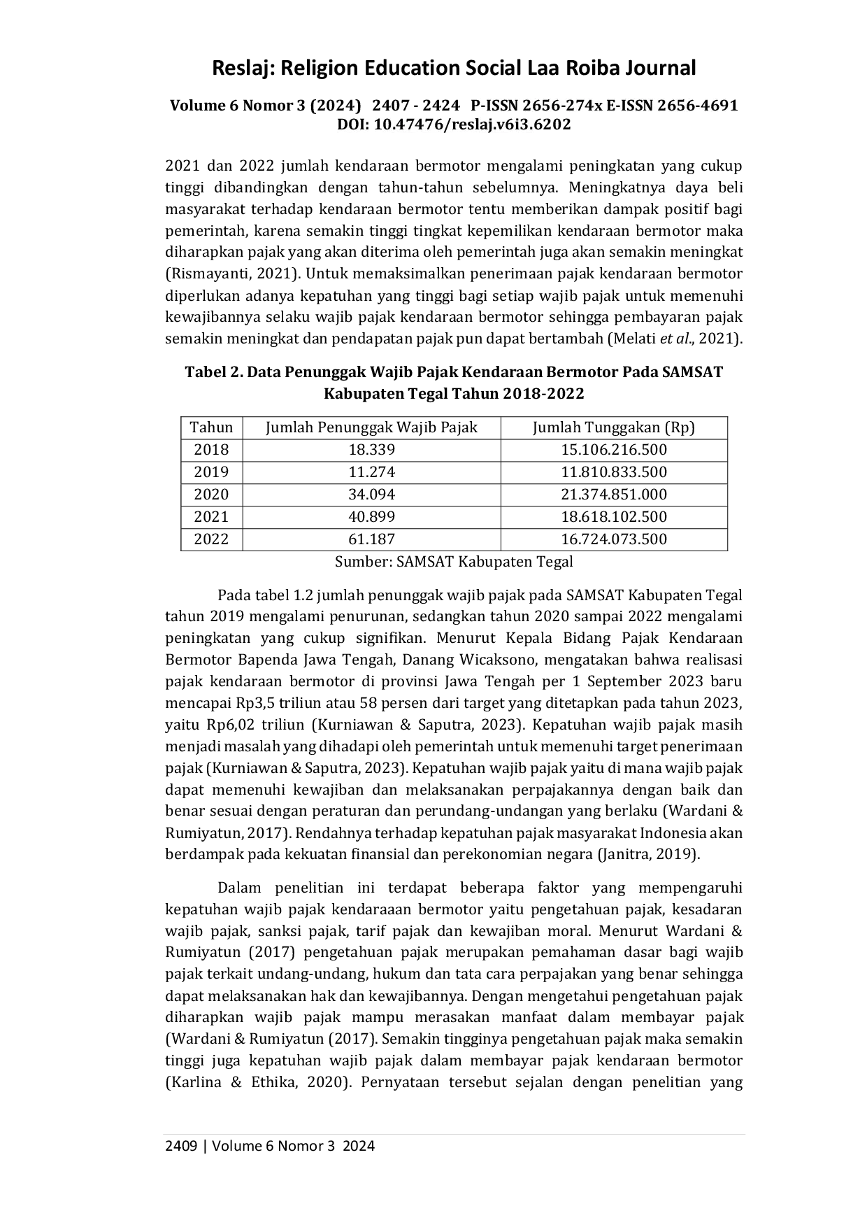 JURIS Pengaruh Pengetahuan Pajak Kesadaran Wajib Pajak Sanksi Pajak Tarif Pajak dan Kewajiban Moral terhadap Kepatuhan Wajib Pajak Kendaraan Bermotor pada Samsat Kabupaten Tegal