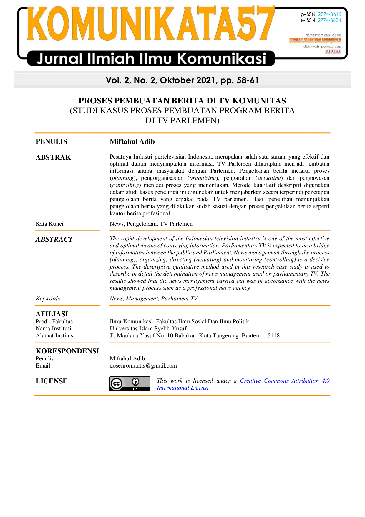 JURIS Proses Pembuatan Berita di TV Komunitas Studi Kasus Proses Pembuatan Program Berita di TV Parlemen