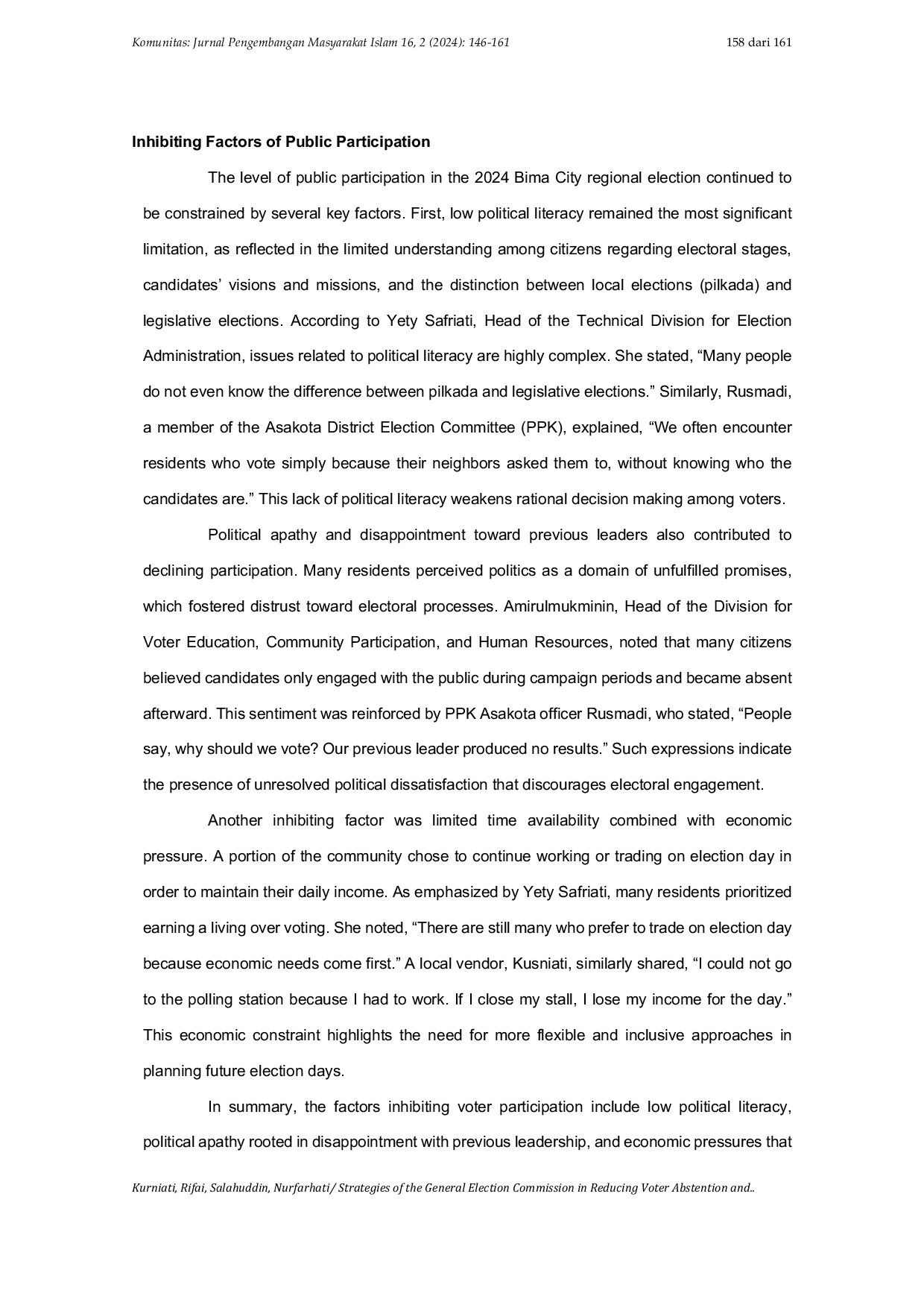 JURIS Strategies of the General Election Commission in Reducing Voter Abstention and Increasing Public Participation in Regional Head Elections A Case Study of the 2024 Local Election in Bima City
