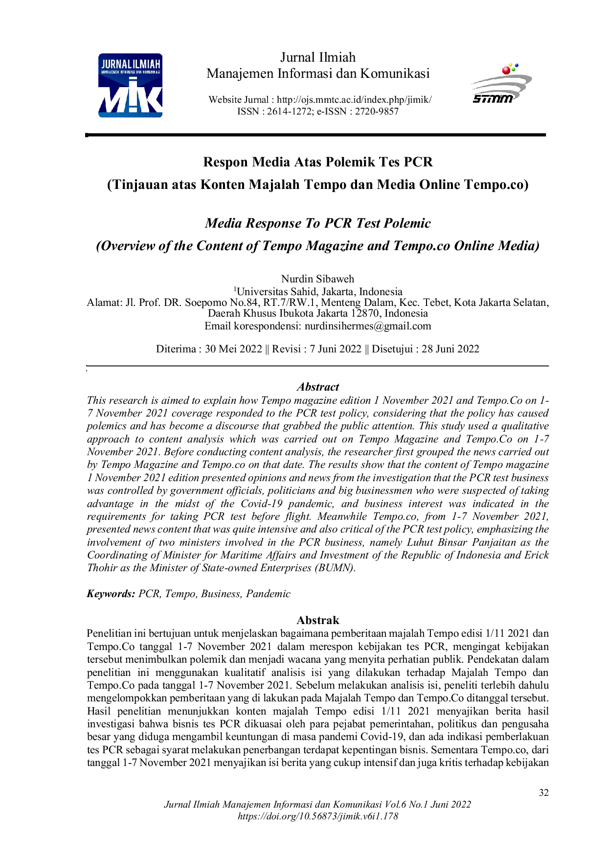 JURIS Respon Media Atas Polemik Tes PCR Tinjauan atas Konten Majalah Tempo dan Media Online Tempo co