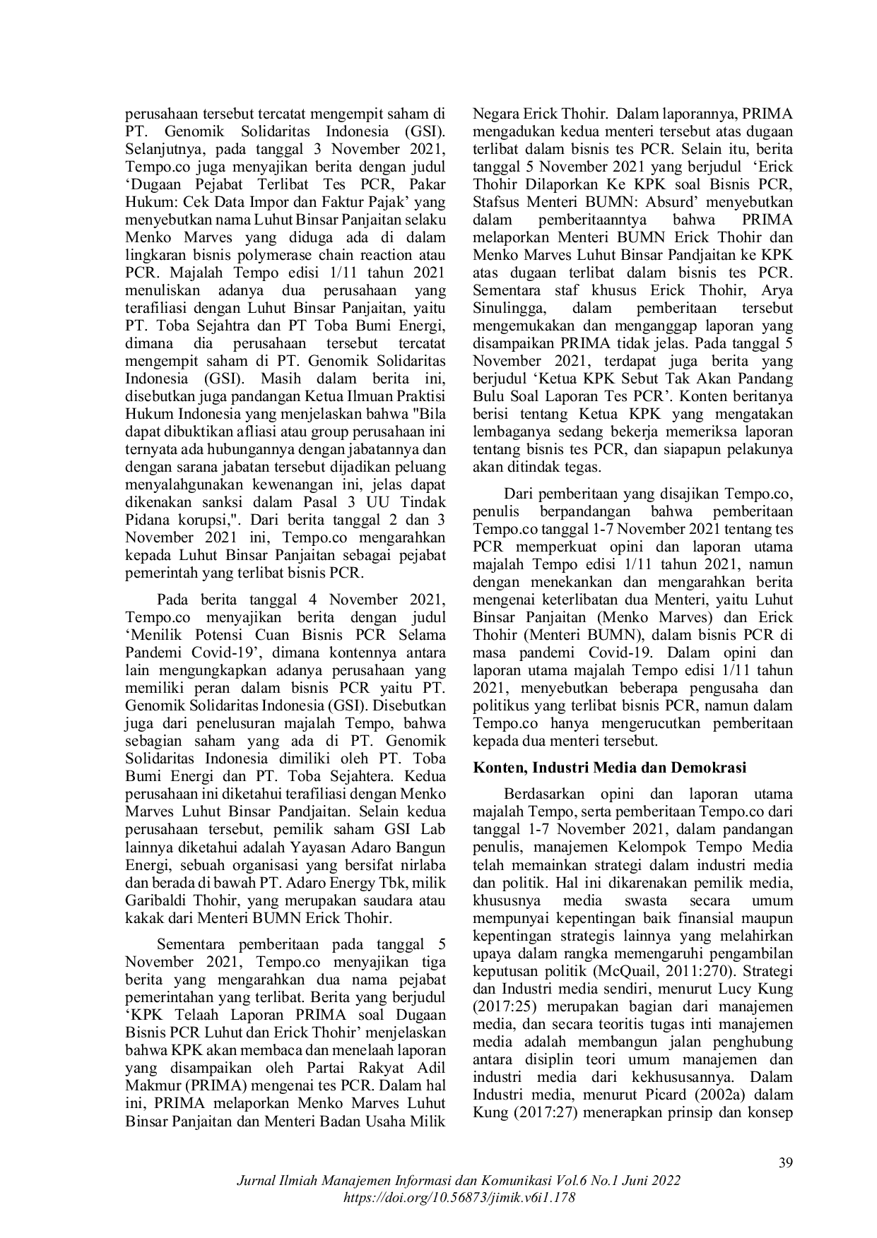 JURIS Respon Media Atas Polemik Tes PCR Tinjauan atas Konten Majalah Tempo dan Media Online Tempo co