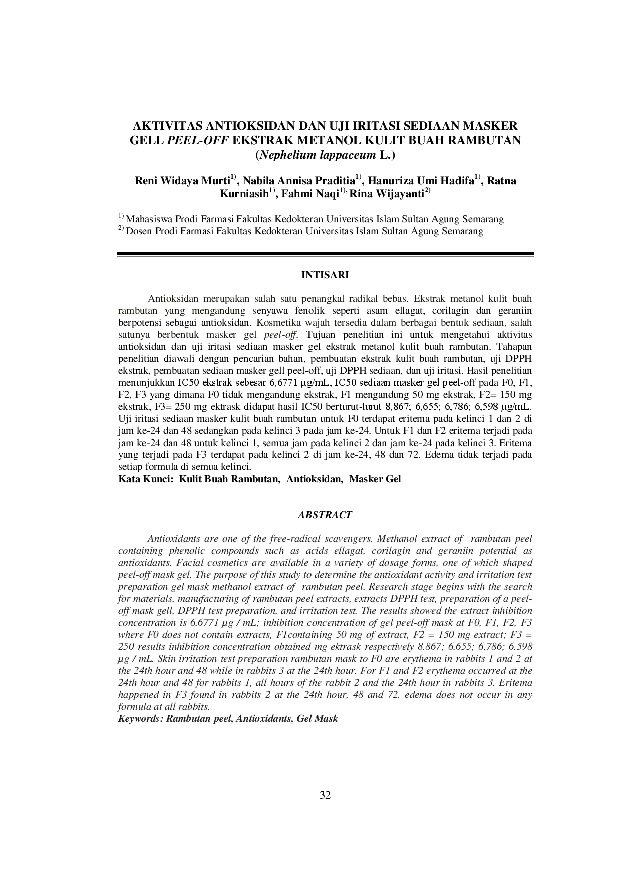 juris Aktivitas Antioksidan Dan Uji Iritasi Sediaan Masker Gell Peel Off Ekstrak Metanol Kulit Buah Rambutan Nephelium Lappaceum L
