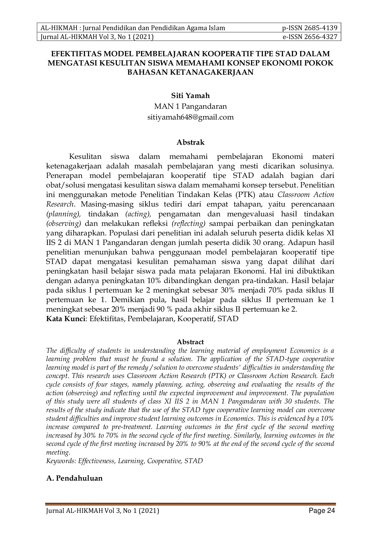 JURIS Efektifitas Model Pembelajaran Kooperatif Tipe STAD Dalam Mengatasi Kesulitan Siswa Memahami Konsep Ekonomi Pokok Bahasan Ketenagakerjaan