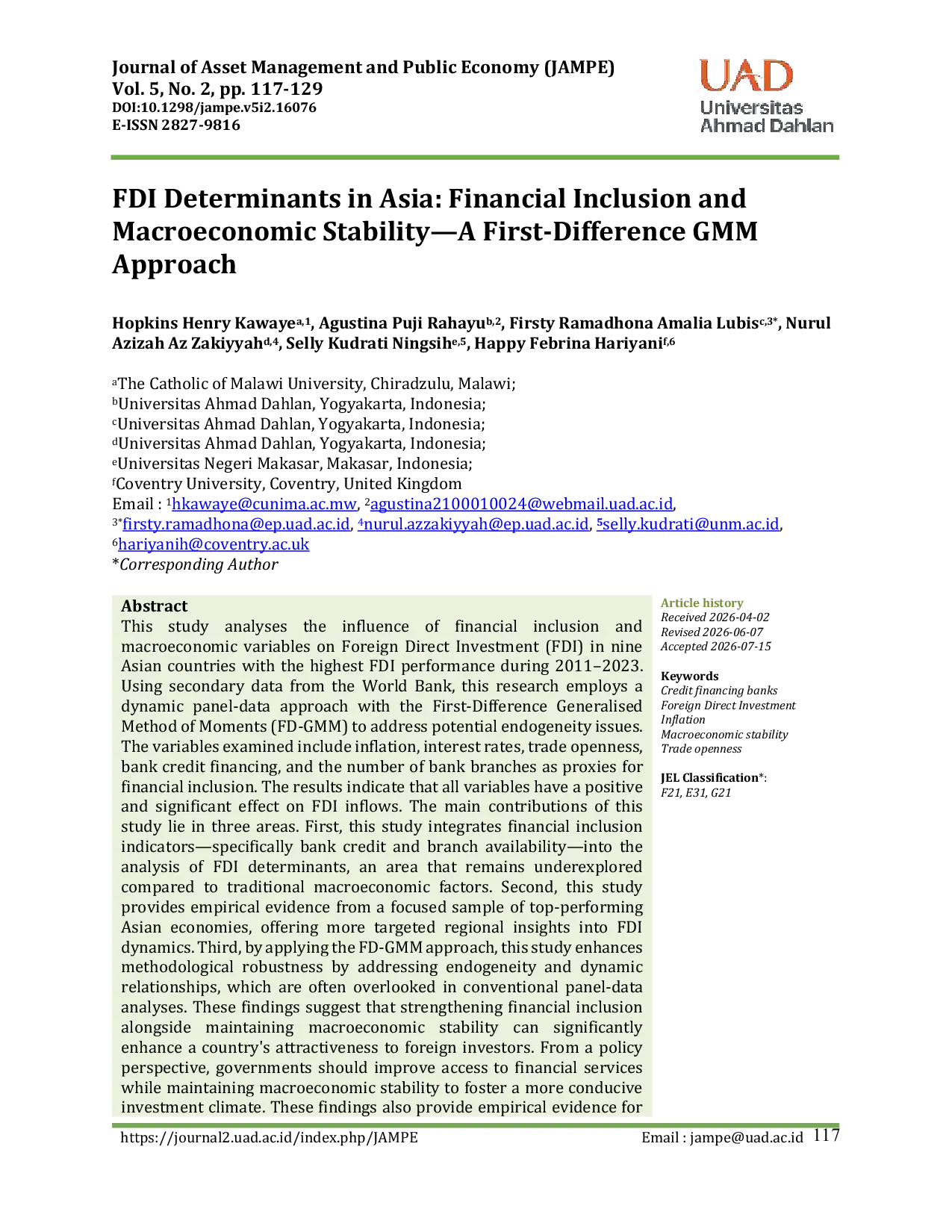 JURIS FDI Determinants in Asia Financial Inclusion and Macroeconomic Stability A First Difference GMM Approach