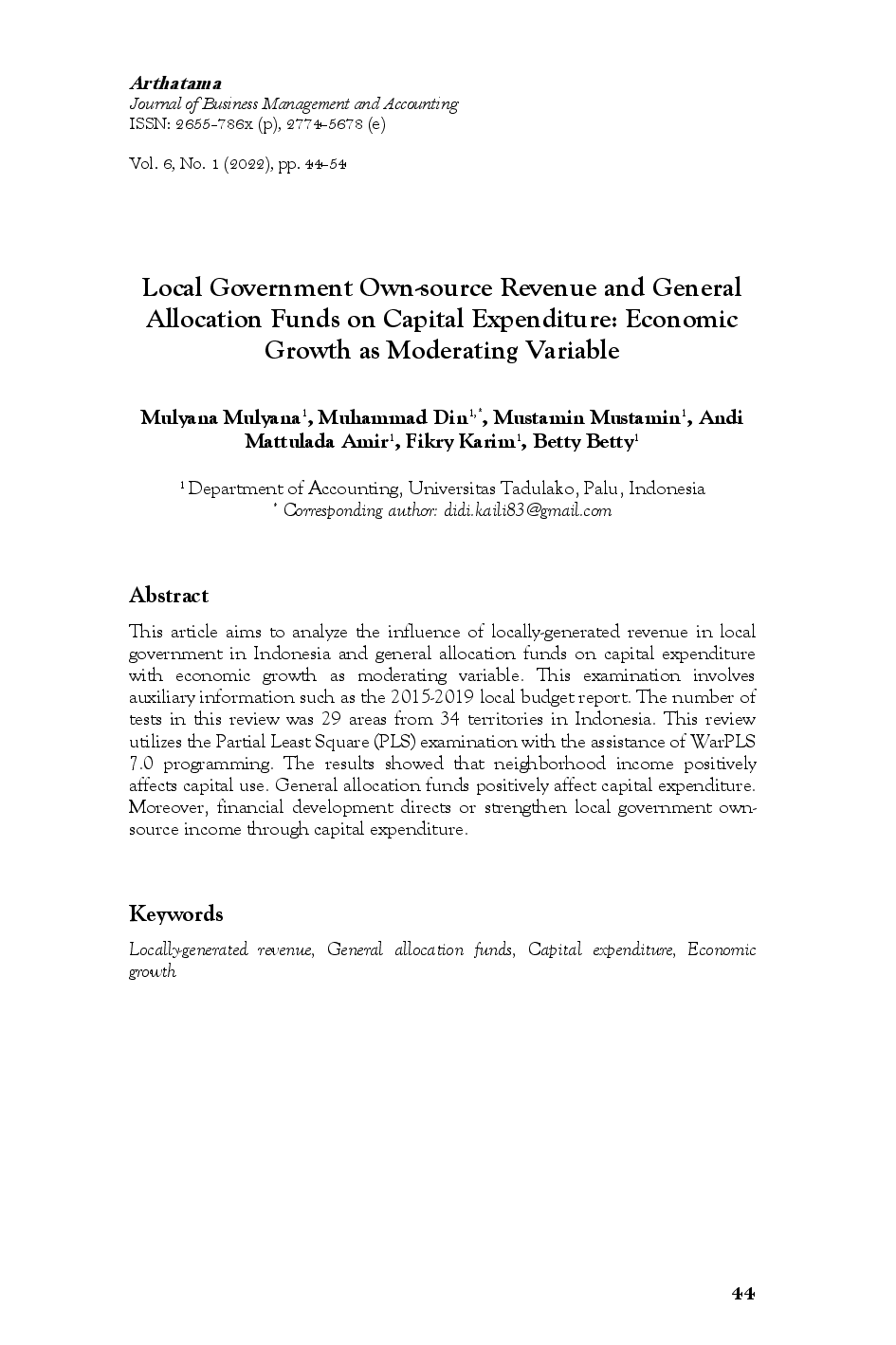 juris Local Government Own source Revenue and General Allocation Funds on Capital Expenditure Economic Growth as Moderating Variable