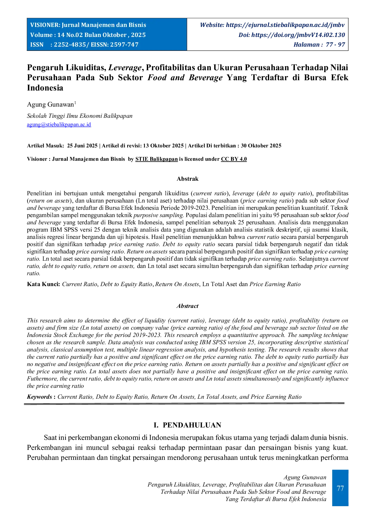 JURIS Pengaruh Likuiditas Leverage Profitabilitas dan Ukuran Perusahaan Terhadapa Nilai Perusahaan Pada Sub Sektor Food and Beverage Yang Terdaftar di Bursa Efek Idonesia