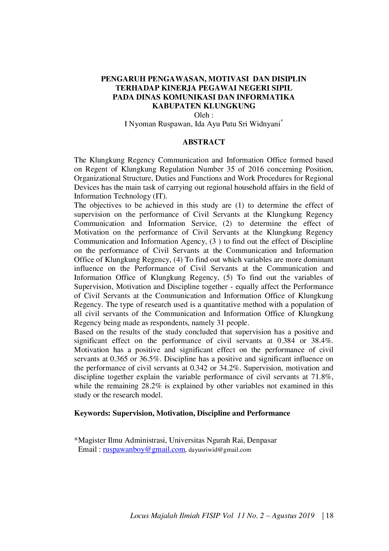 JURIS Pengaruh Pengawasan Motivasi Dan Disiplin Terhadap Kinerja Pegawai Negeri Sipil Pada Dinas Komunikasi Dan Informatika Kabupaten Klungkung