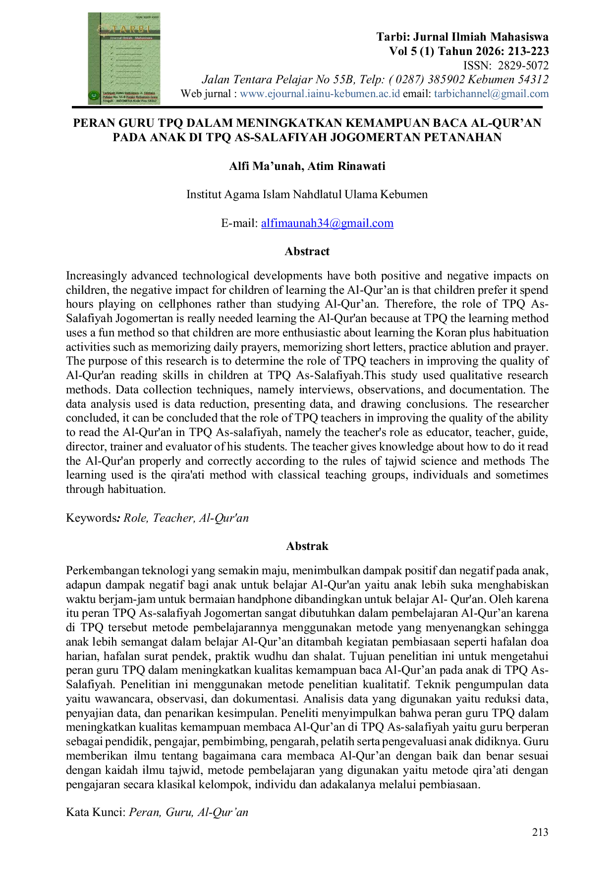 JURIS Peran Guru TPQ Dalam Meningkatkan Kemampuan Baca Al Qur an pada Anak di TPQ As salafiyah Jogomertan