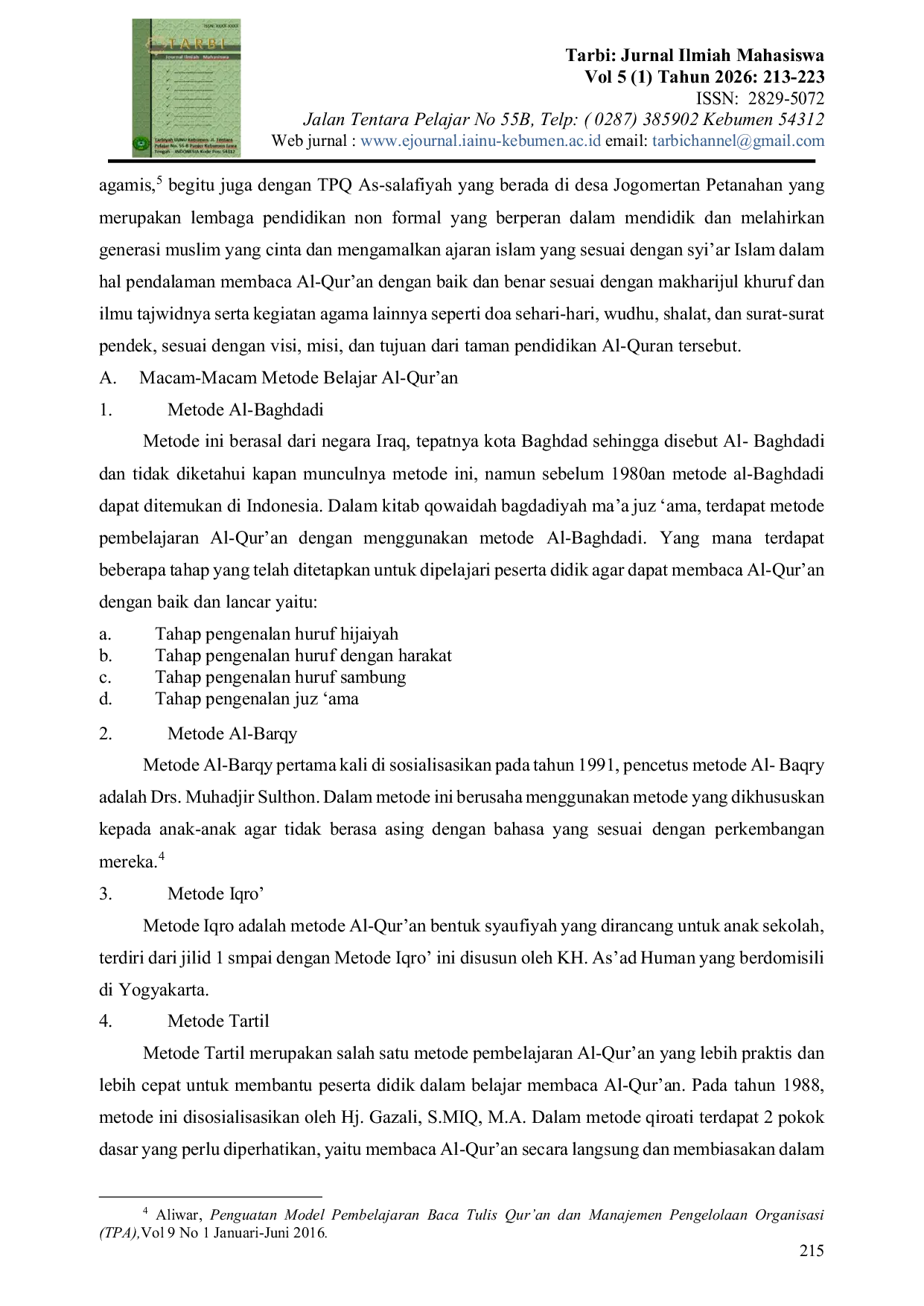 JURIS Peran Guru TPQ Dalam Meningkatkan Kemampuan Baca Al Qur an pada Anak di TPQ As salafiyah Jogomertan