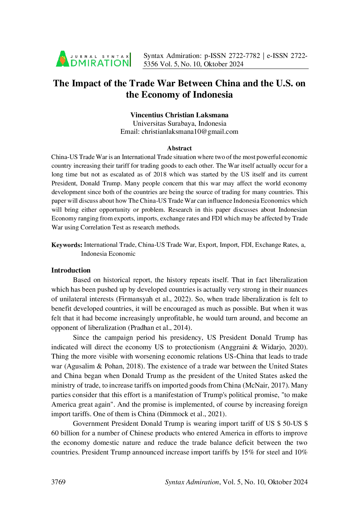 JURIS The Impact of the Trade War Between China and the U S on the Economy of Indonesia