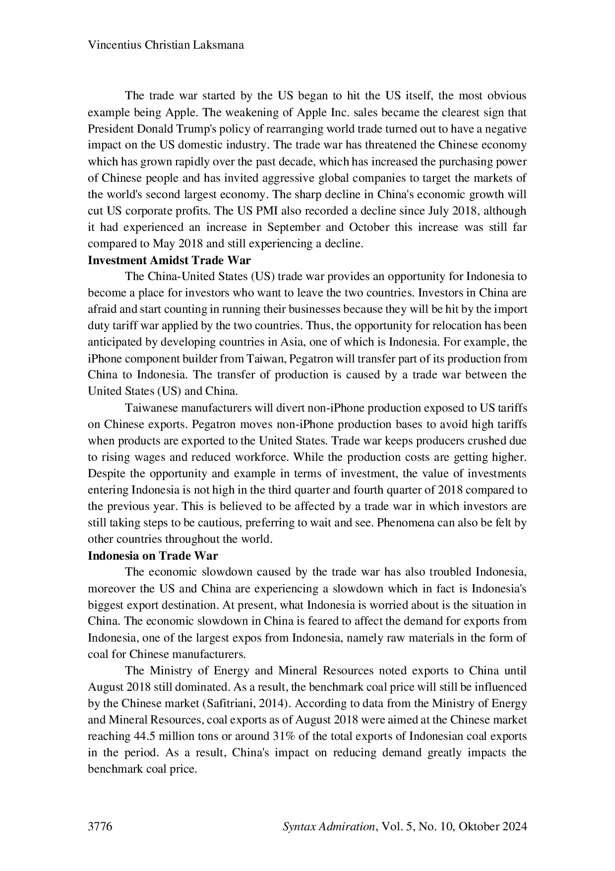 JURIS The Impact of the Trade War Between China and the U S on the Economy of Indonesia