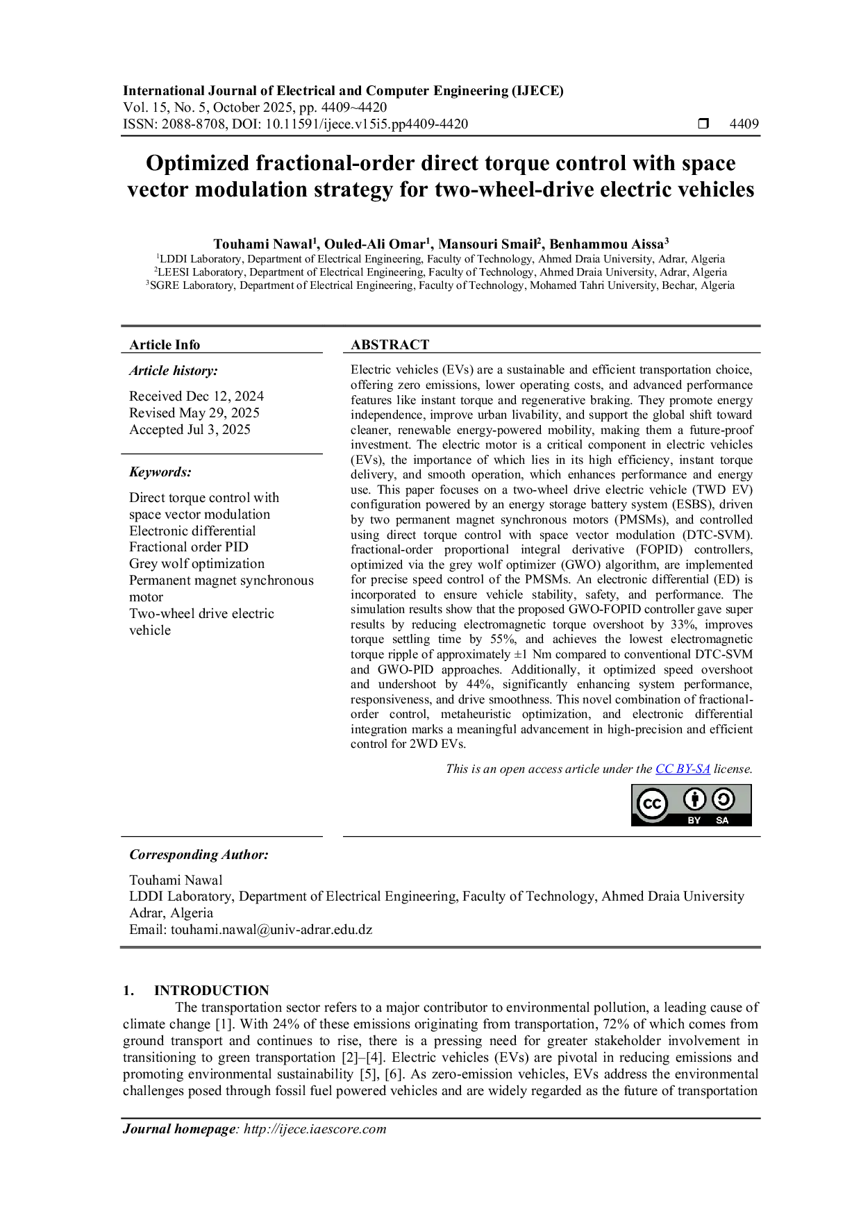 JURIS Optimized fractional order direct torque control with space vector modulation strategy for two wheel drive electric vehicles