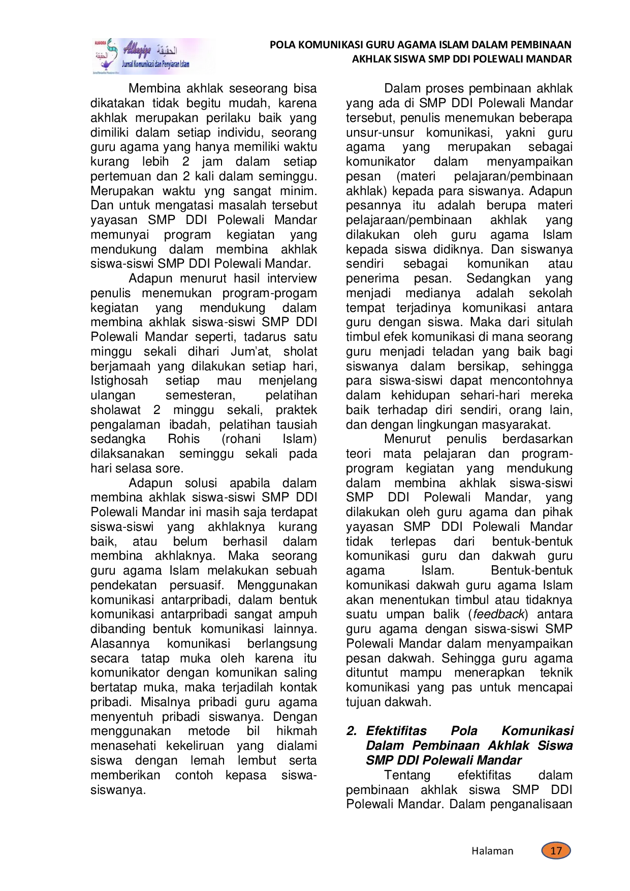 juris Pola Komunikasi Guru Agama Islam dalam Pembinaan Akhlak Siswa SMP DDI Polewali Mandar