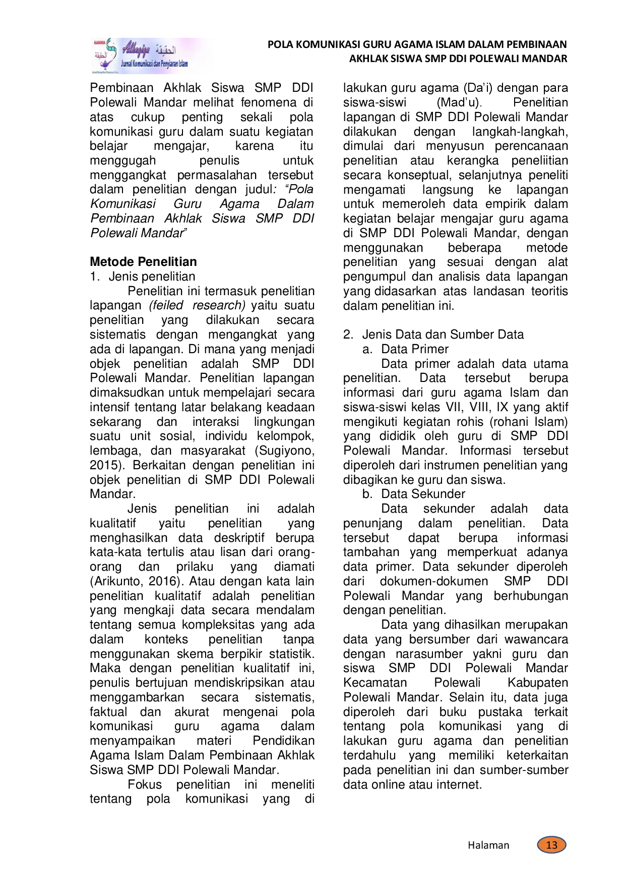 juris Pola Komunikasi Guru Agama Islam dalam Pembinaan Akhlak Siswa SMP DDI Polewali Mandar
