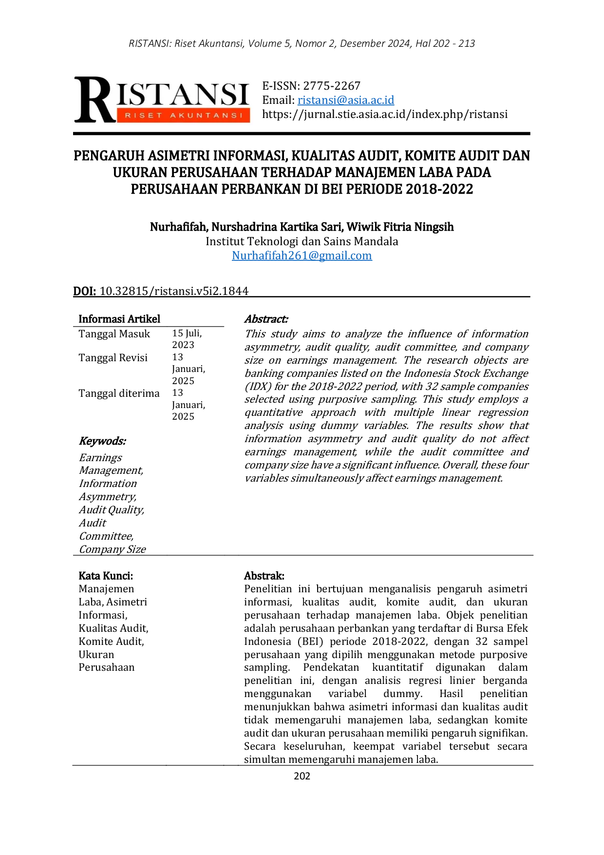 JURIS Pengaruh Asimetri Informasi Kualitas Audit Komite Audit dan Ukuran Perusahaan Terhadap Manajemen Laba Pada Perusahaan Perbankan Di Bei Periode 2018 2022