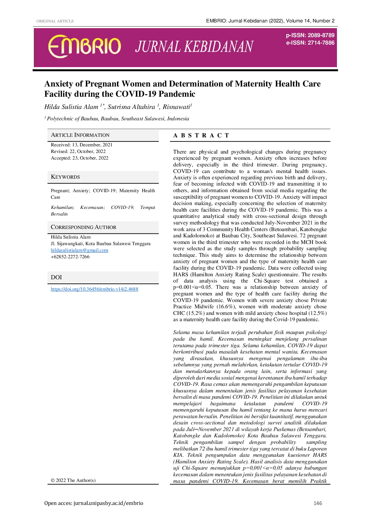 JURIS Anxiety Of Pregnant Women And Determination Of Maternity Health Care Facility During The Covid 19 Pandemic