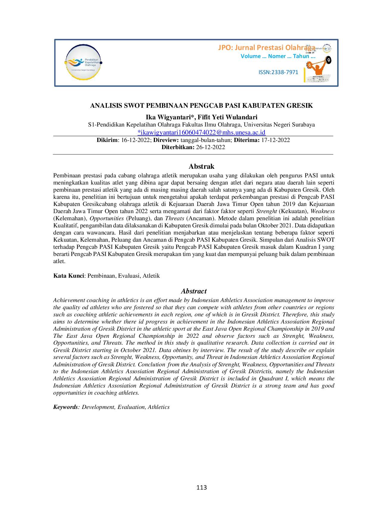 JURIS Analisis SWOT Pembinaan Pengcab PASI Kabupaten Gresik