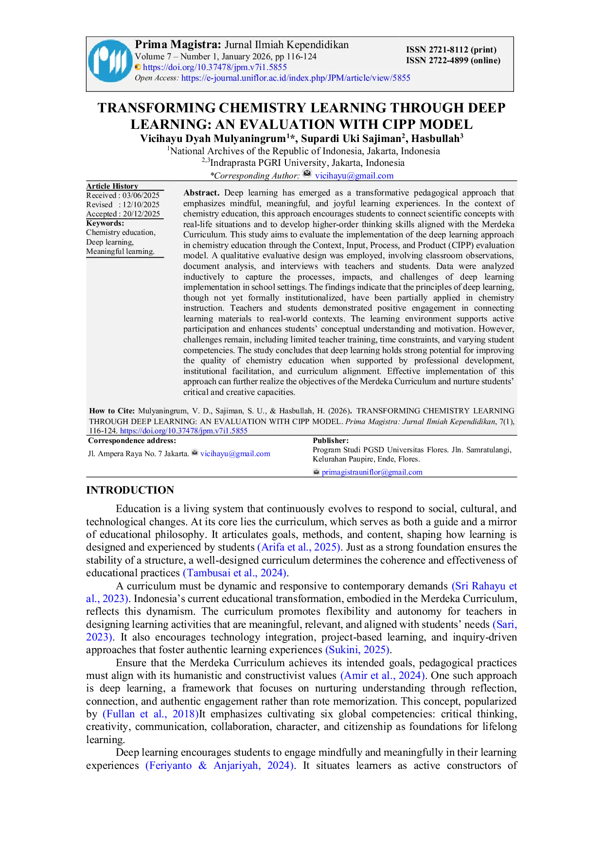JURIS Transforming Chemistry Learning Through Deep Learning An Evaluation With Cipp Model