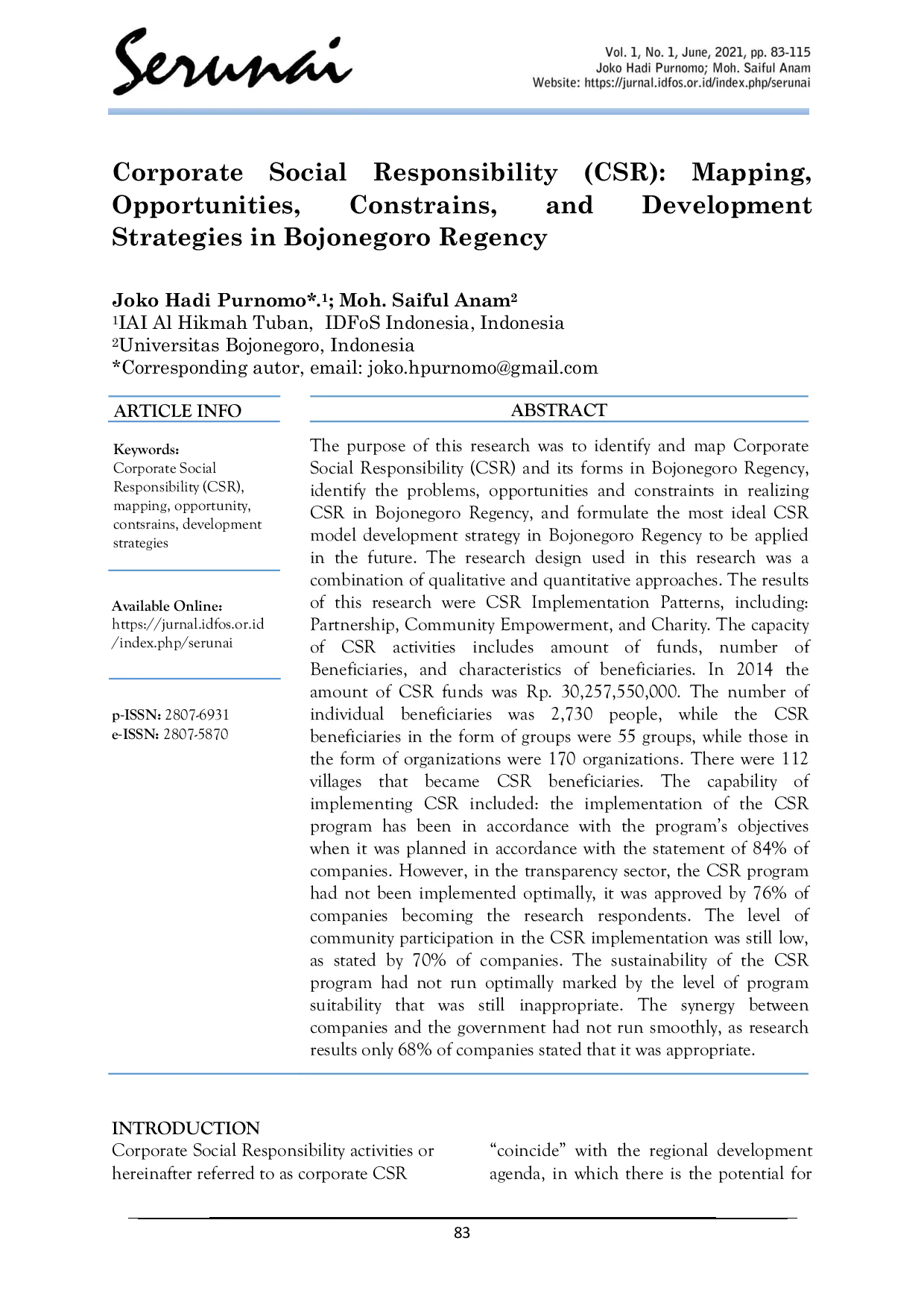 JURIS Corporate Social Responsibility CSR Mapping Opportunities Constrains and Development Strategies in Bojonegoro Regency