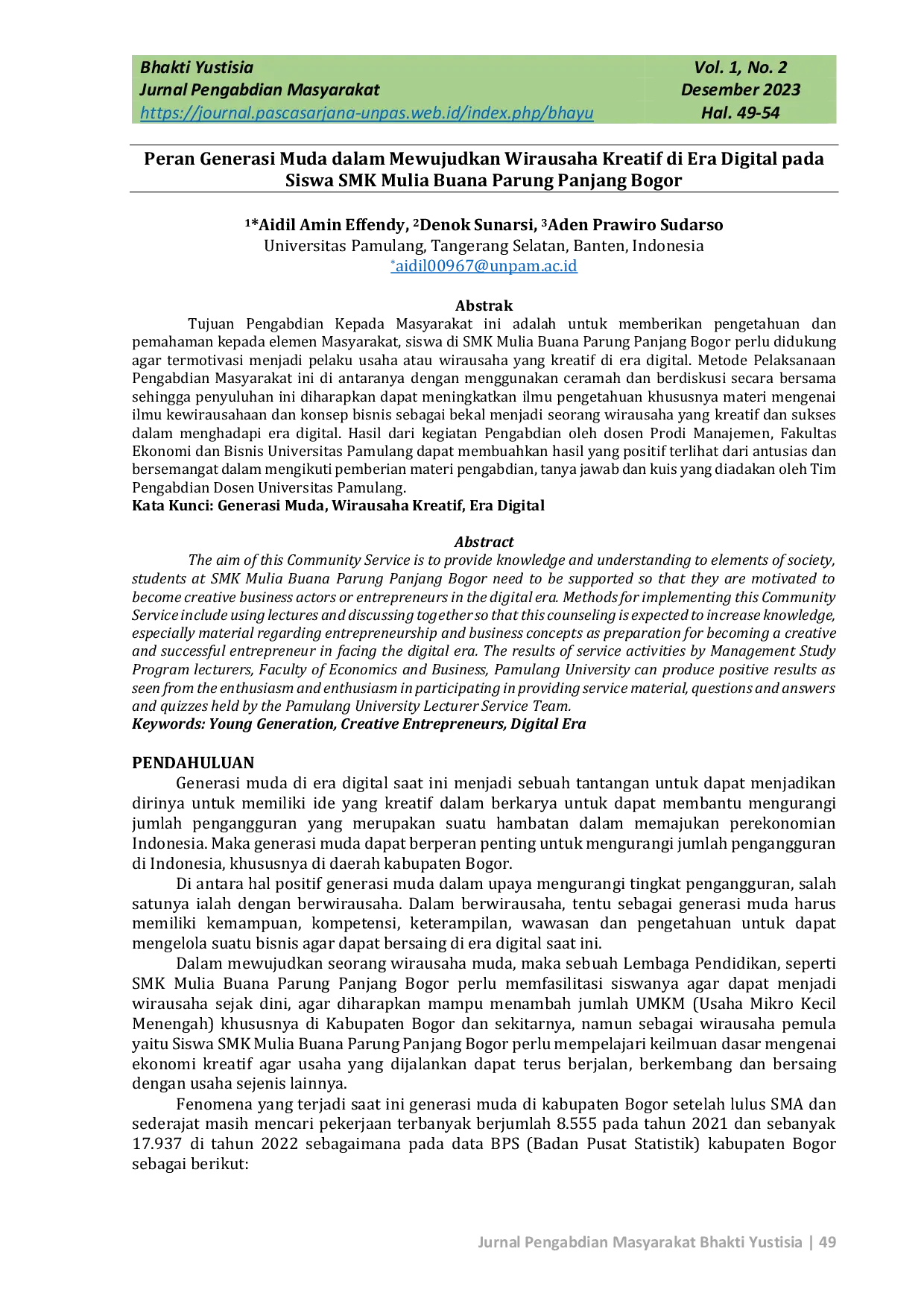 JURIS Peran Generasi Muda dalam Mewujudkan Wirausaha Kreatif di Era Digital pada Siswa SMK Mulia Buana Parung Panjang Bogor